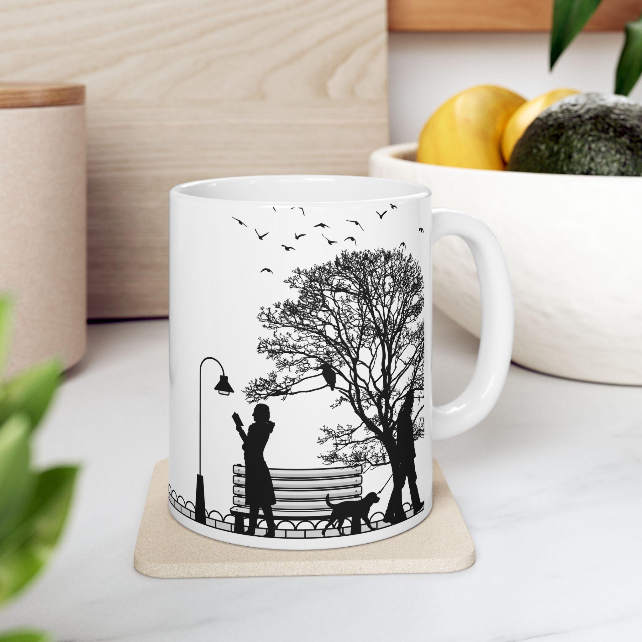 Minimalist Park Scene Mug, Black and White Cycling, Walking Silhouette Coffee Cup
