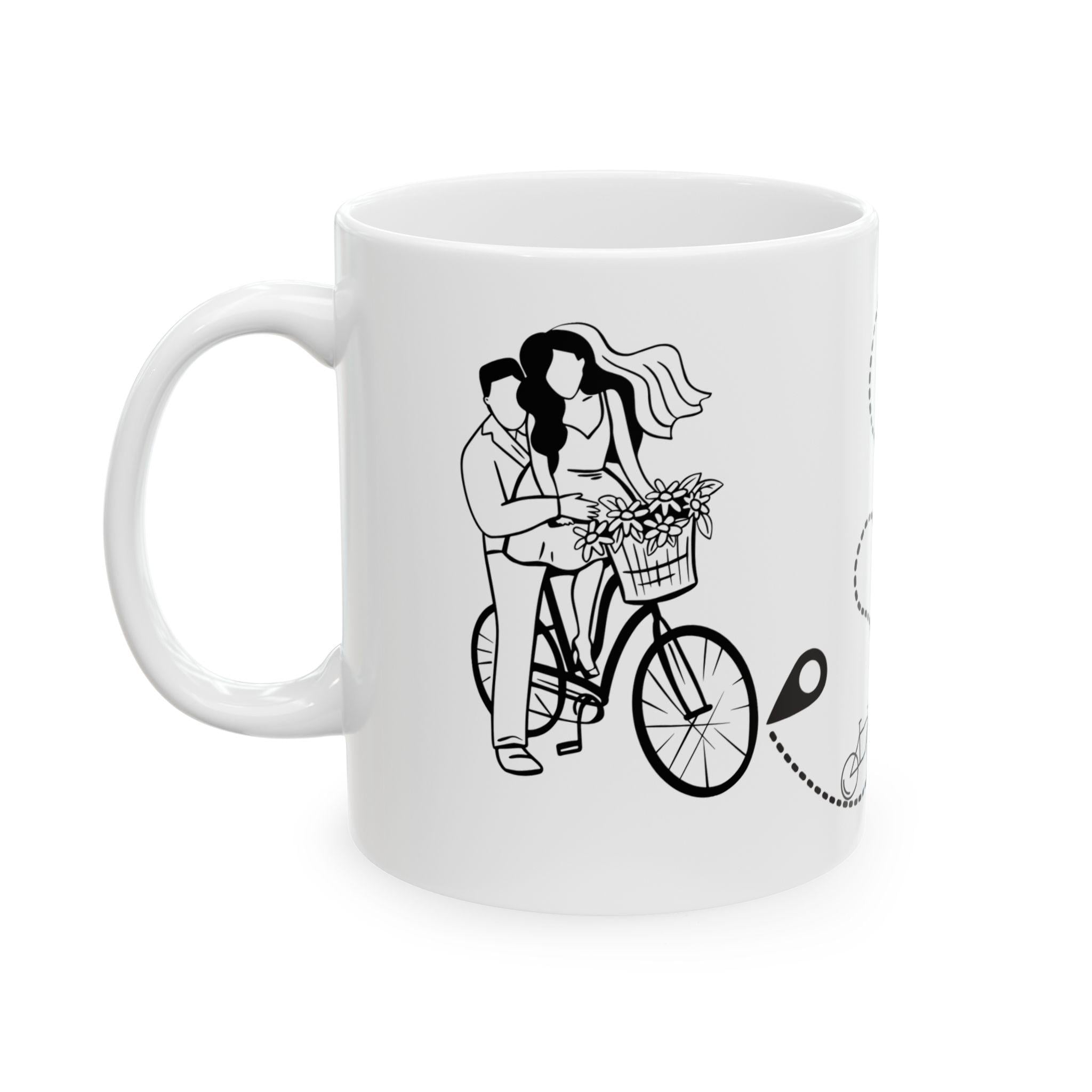 Bachelorette party Couple Riding Bicycle Ceramic Mug, Minimalist Line Art Coffee Cup