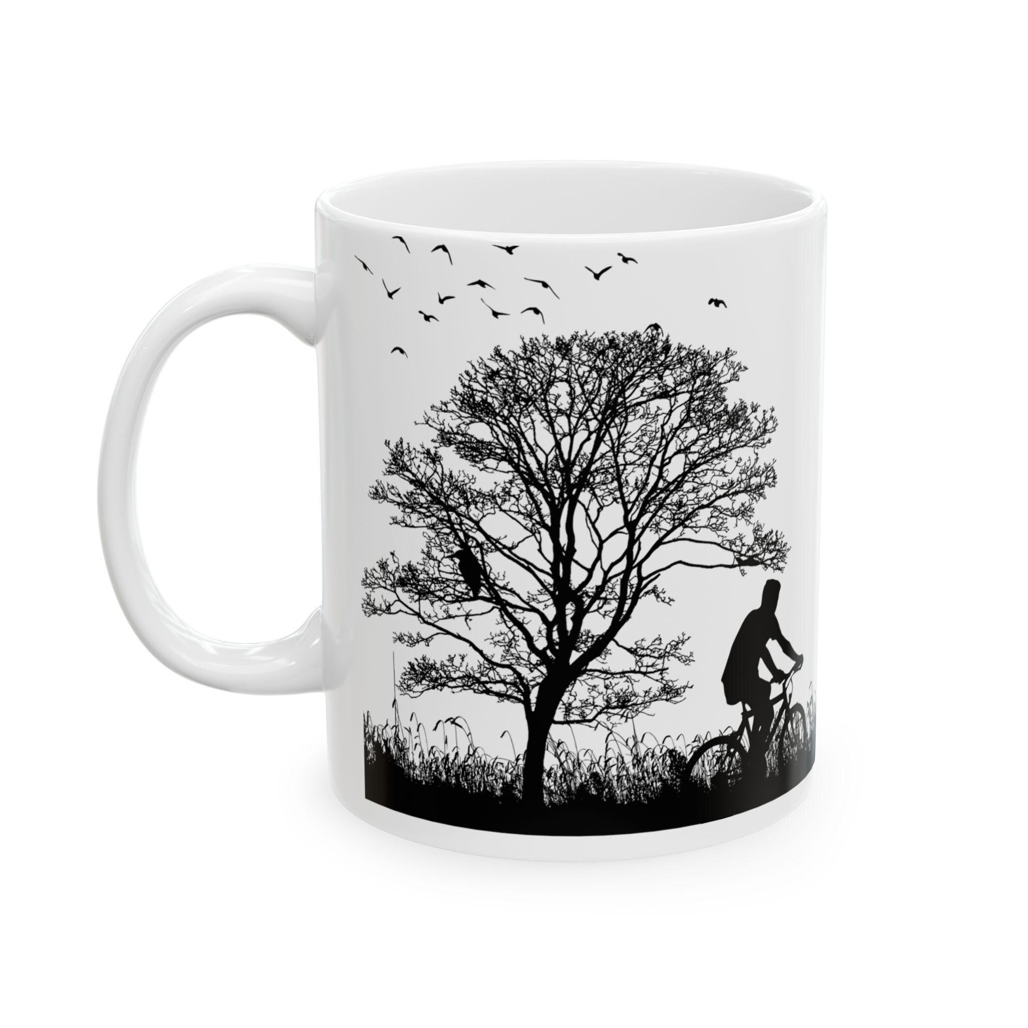 Minimalist Park Scene Mug, Black and White Cycling, Walking Silhouette Coffee Cup