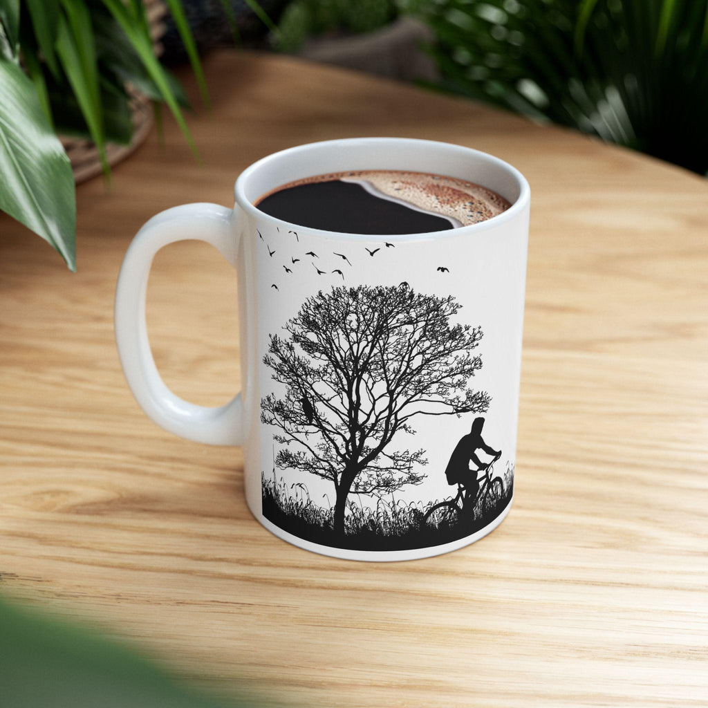 Minimalist Park Scene Mug, Black and White Cycling, Walking Silhouette Coffee Cup