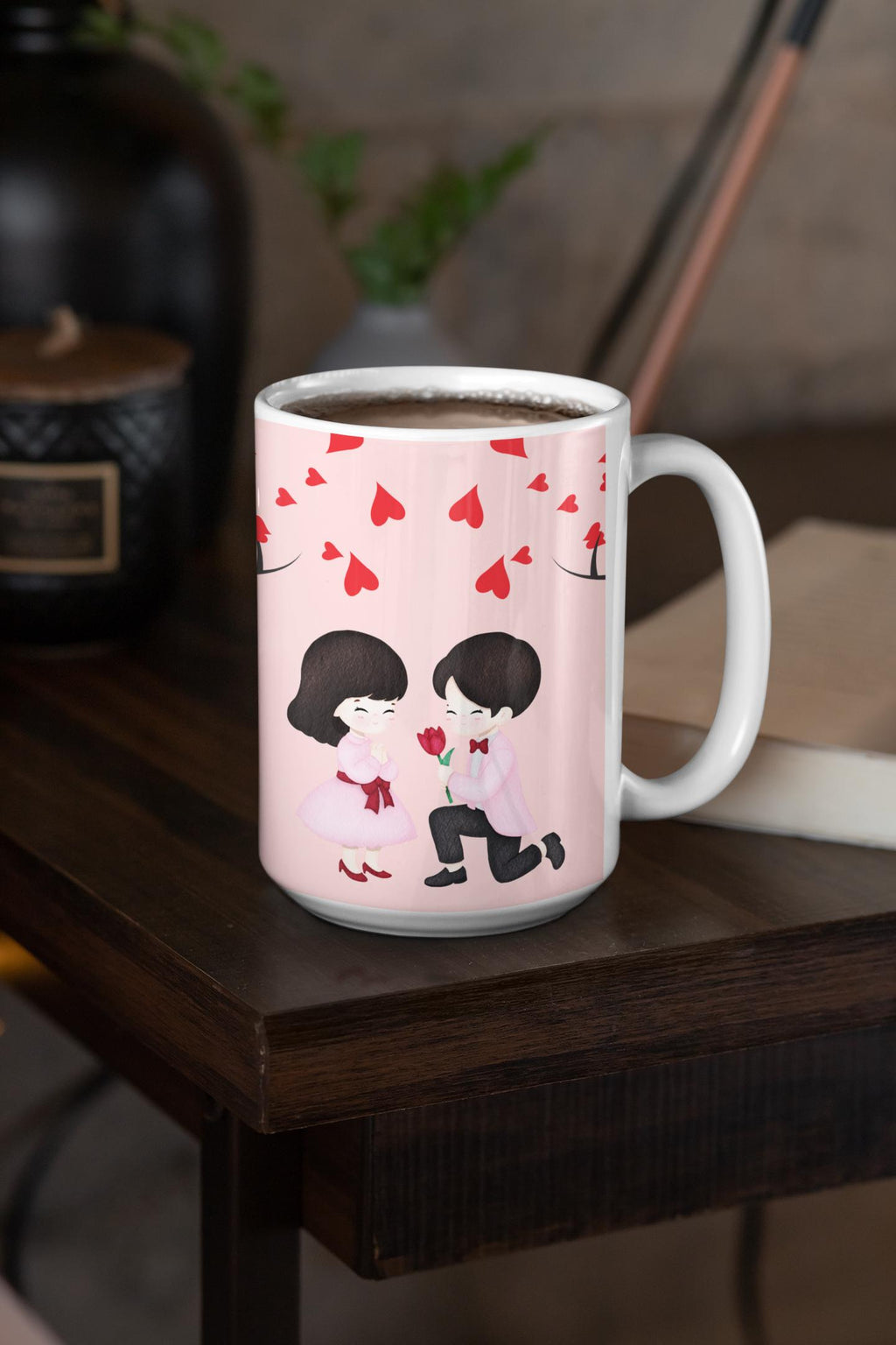 Romantic Proposal Scene Ceramic Mug | Valentine Hearts Coffee Cup