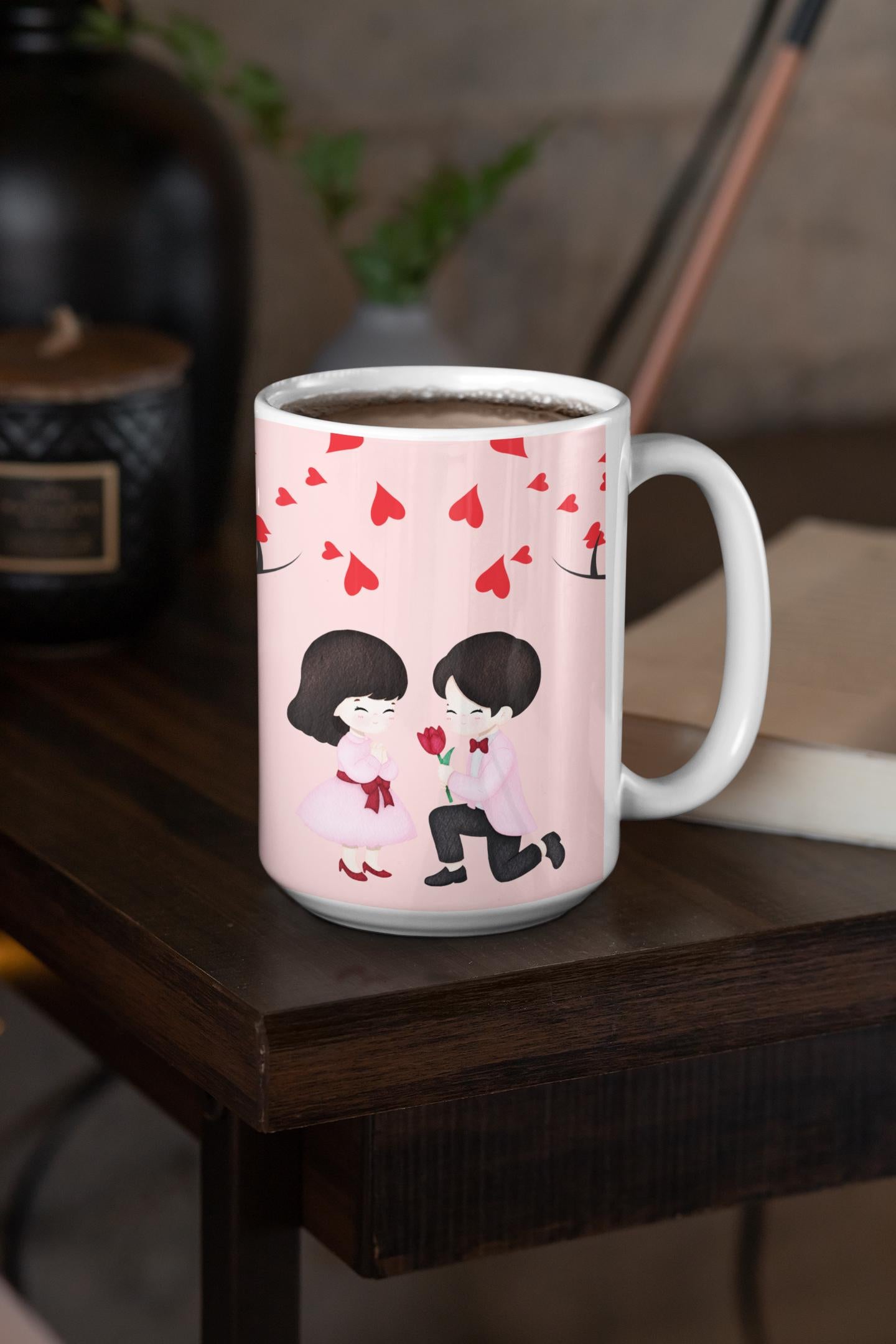 Romantic Proposal Scene Ceramic Mug | Valentine Hearts Coffee Cup