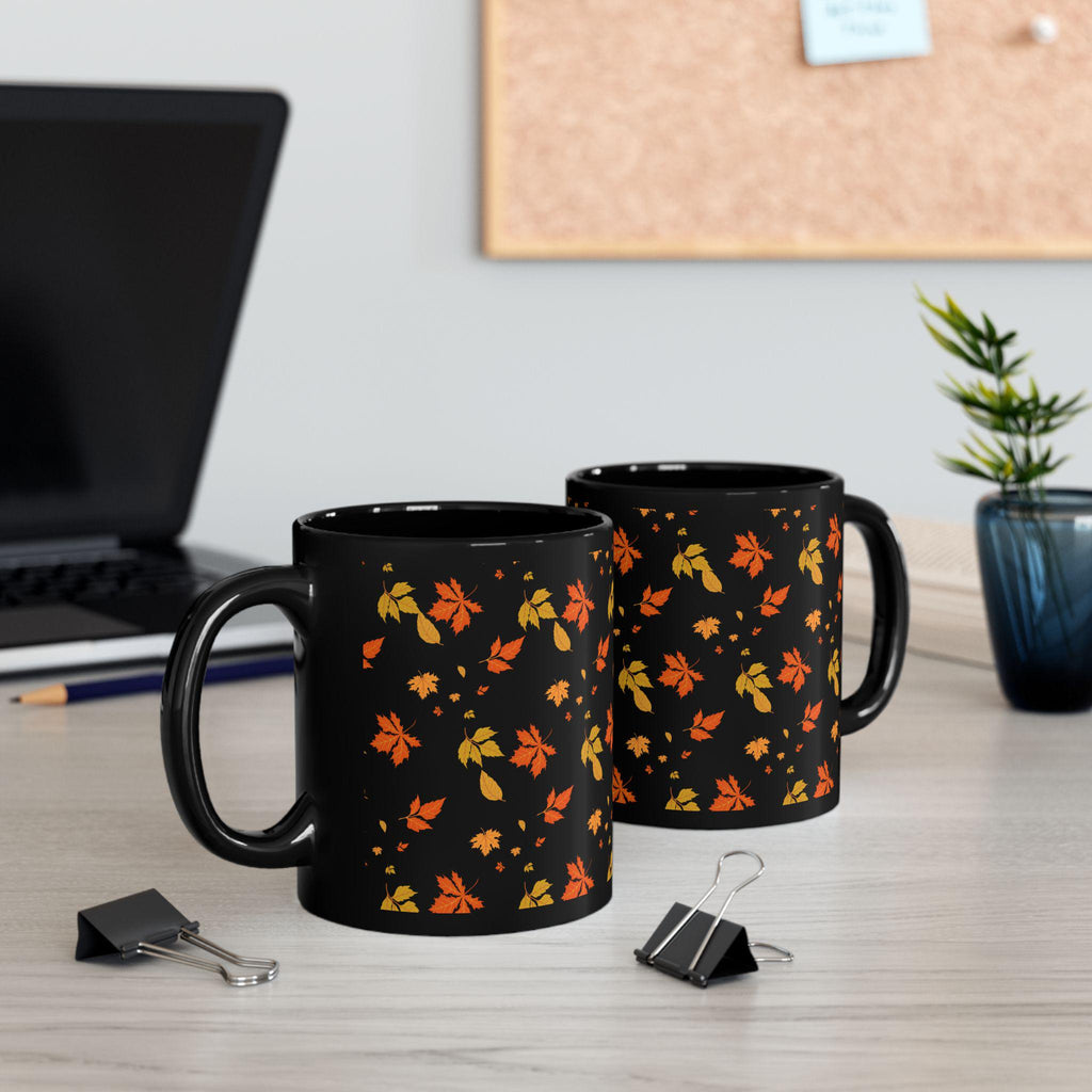 Autumn Leaf Black Mug | Cozy Botanical Fall Coffee Cup (11oz, 15oz)