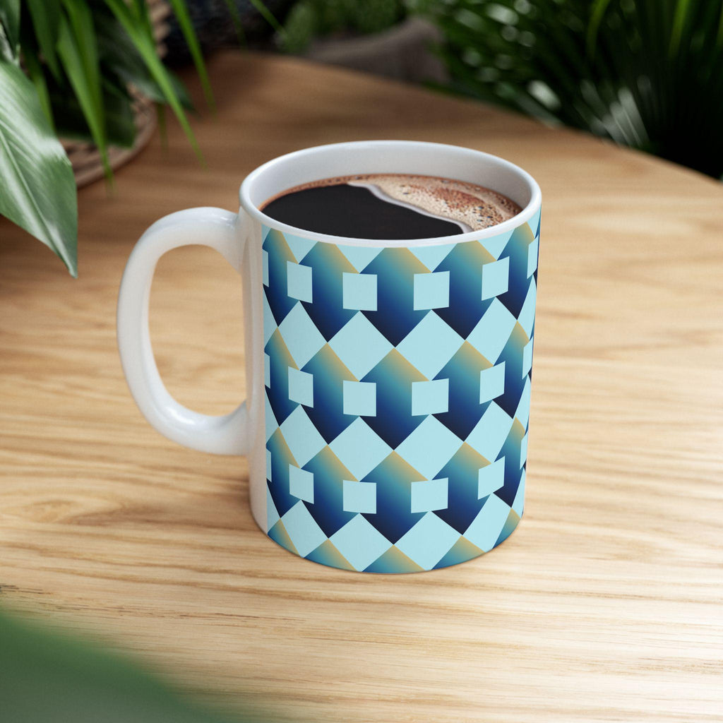 Geometric Blue Teal Ceramic Coffee Mug, Modern Abstract Drinkware (11 oz.)