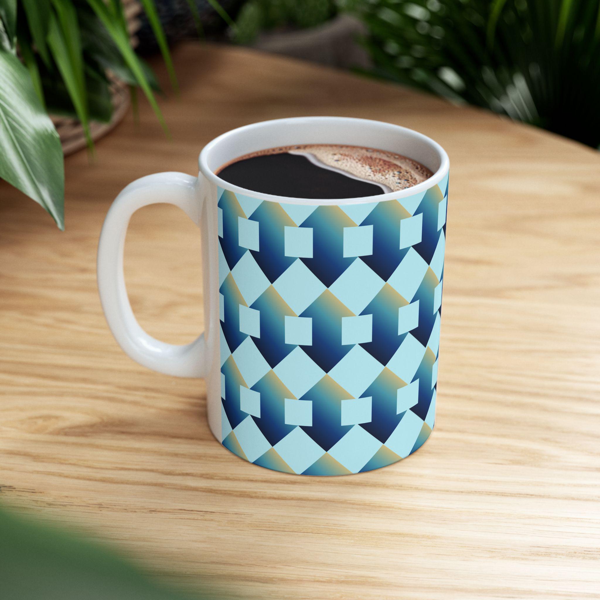 Geometric Blue Teal Ceramic Coffee Mug, Modern Abstract Drinkware (11 oz.)