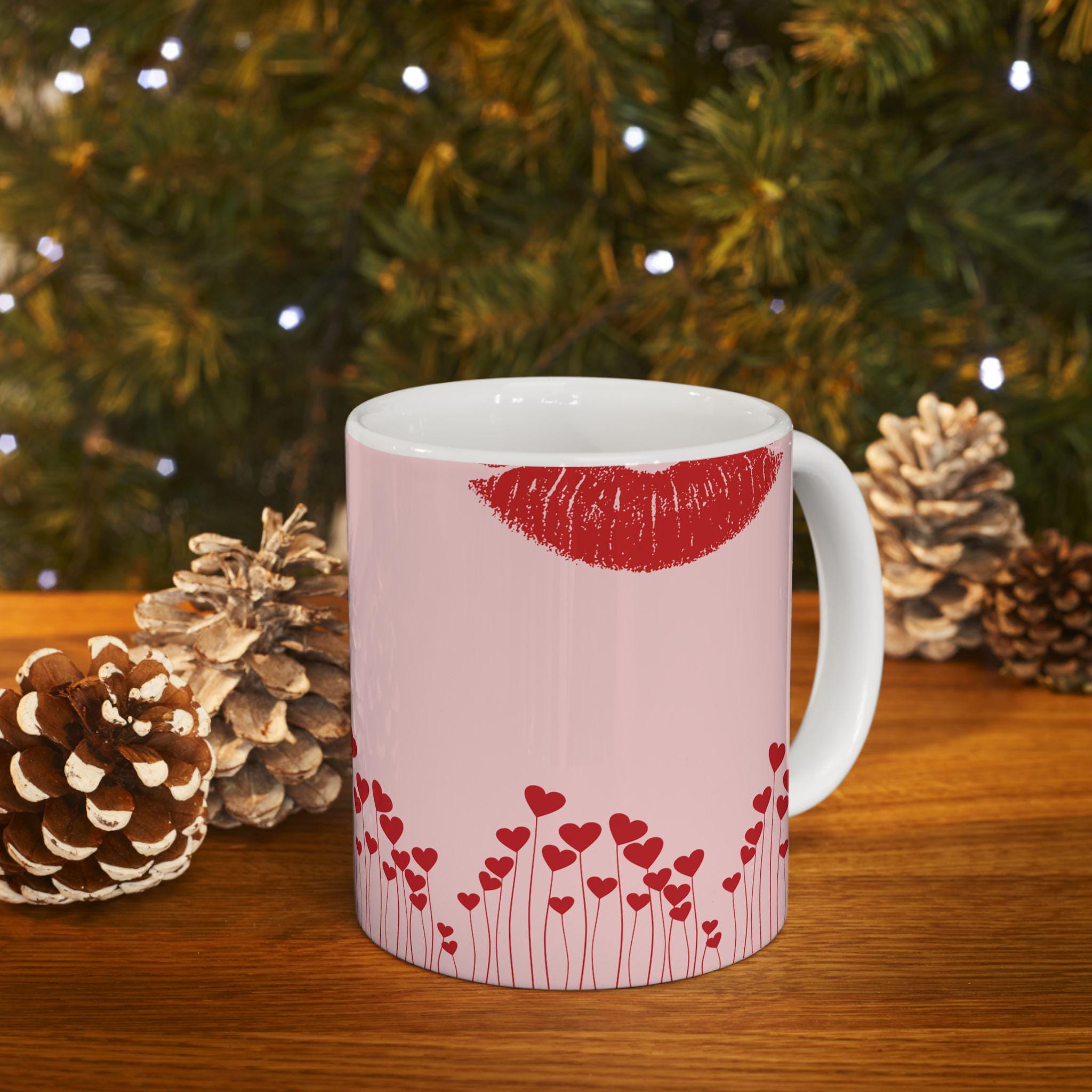 Lip Kiss Mug Romantic Pink Coffee Cup | Pink Valentine love pattern, 11oz or 15oz