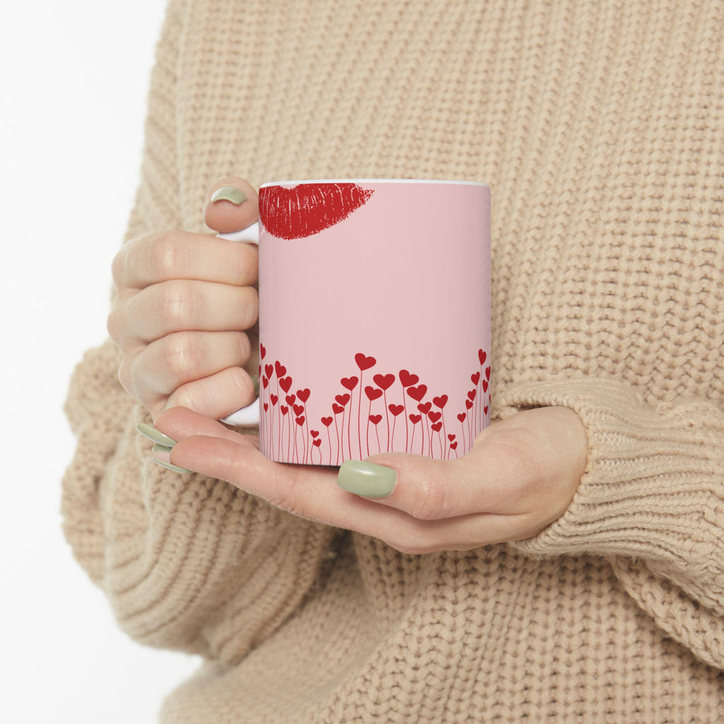 Lip Kiss Mug Romantic Pink Coffee Cup | Pink Valentine love pattern, 11oz or 15oz