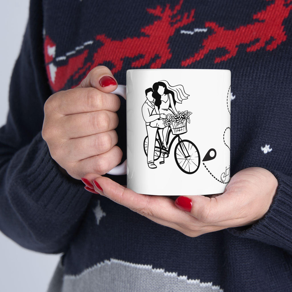 Bachelorette party Couple Riding Bicycle Ceramic Mug, Minimalist Line Art Coffee Cup