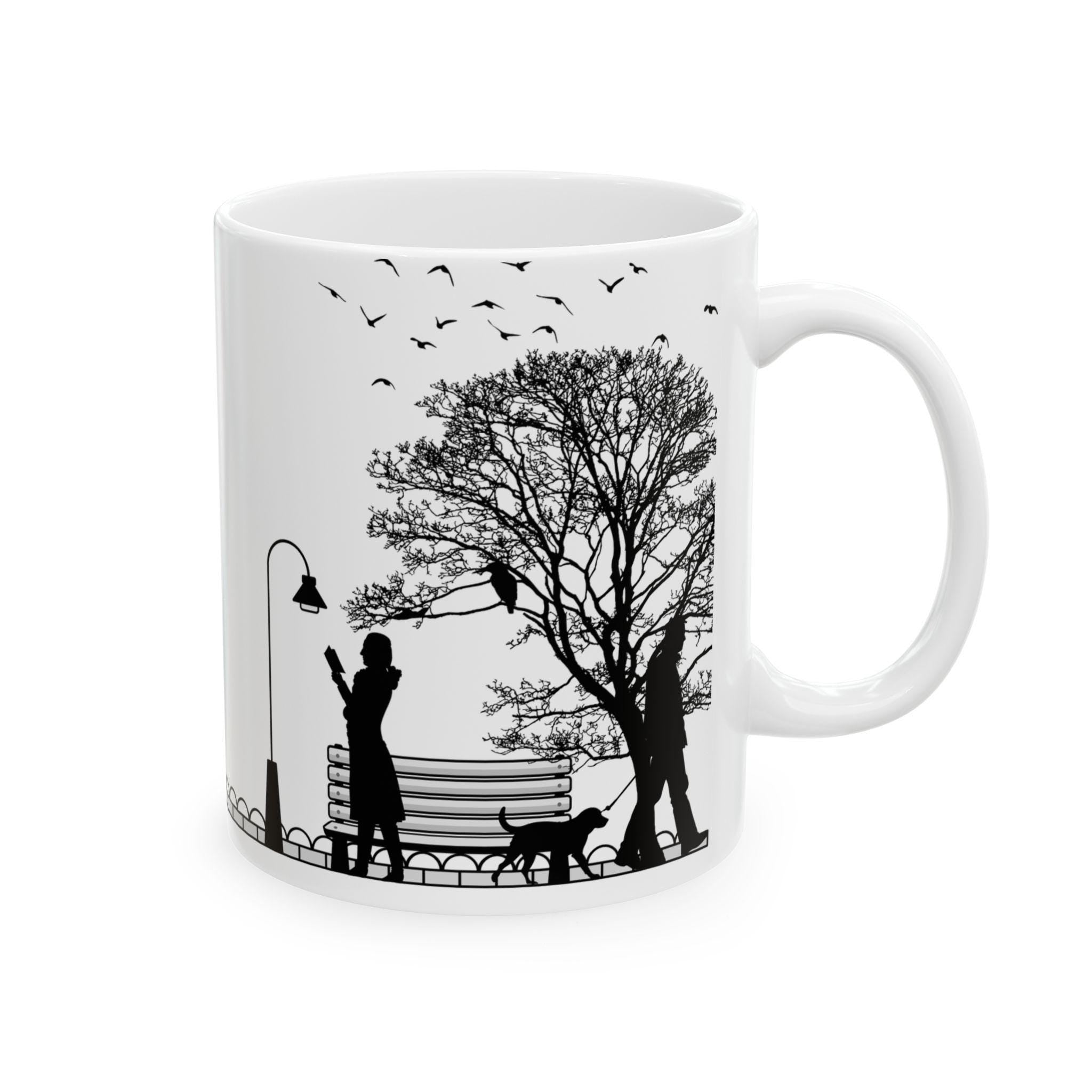 Minimalist Park Scene Mug, Black and White Cycling, Walking Silhouette Coffee Cup