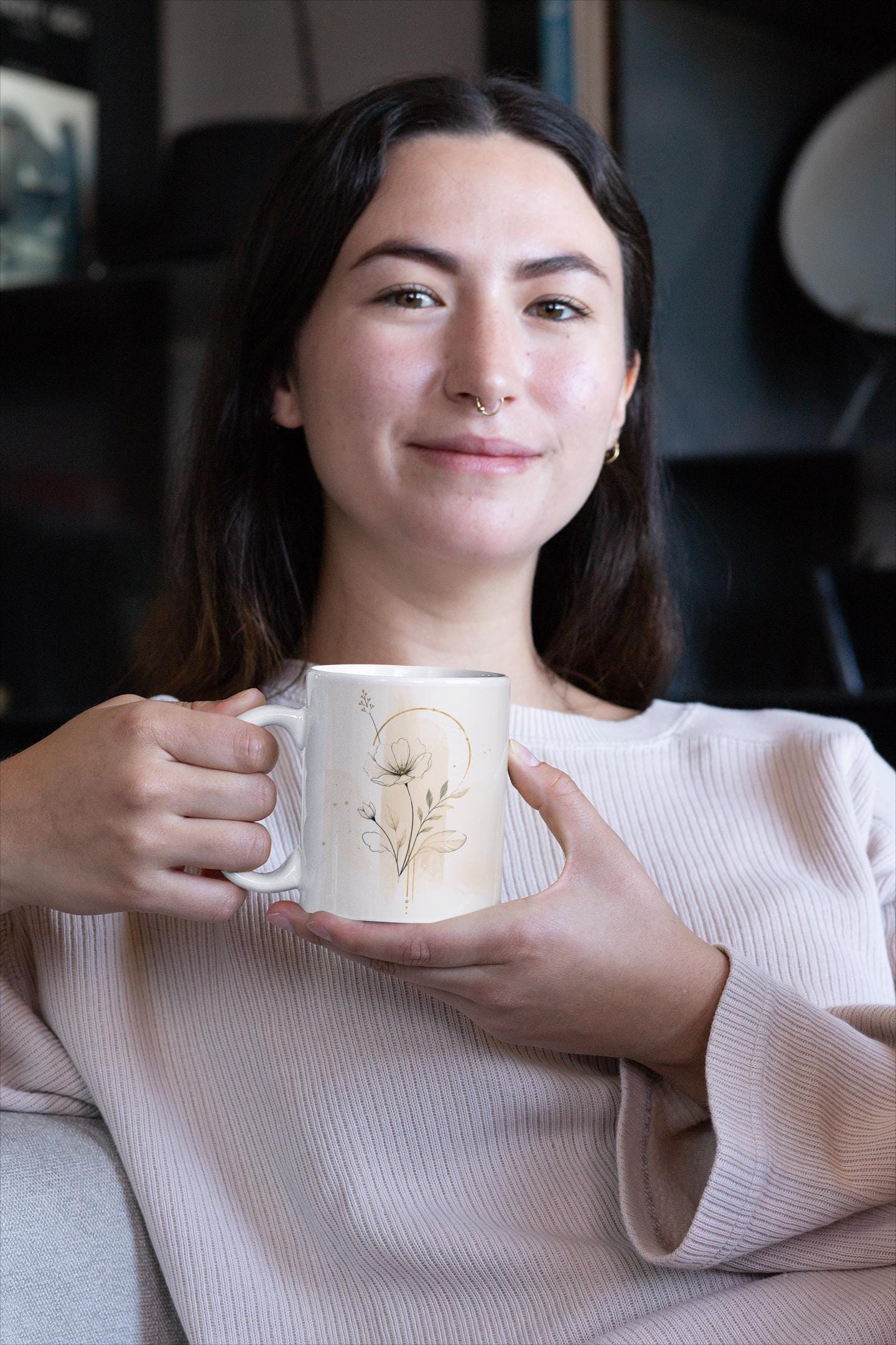 Minimalist Botanical Flower Mug | Ceramic Coffee Cup | Warm Tones, Organic Vibe