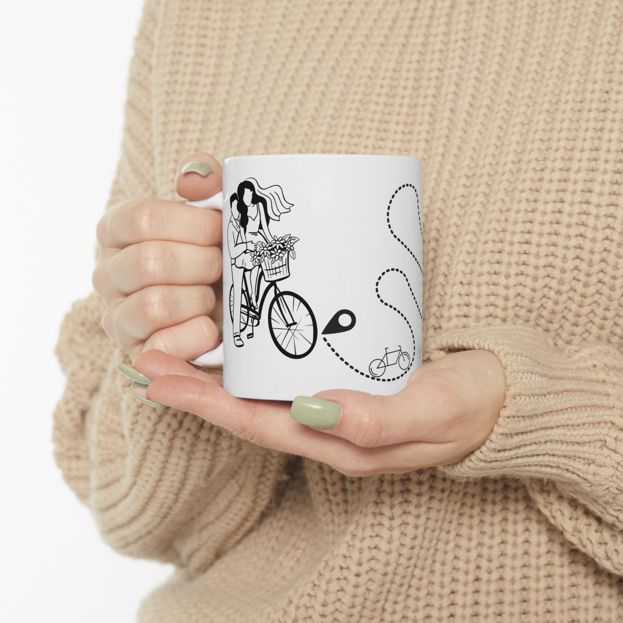 Bachelorette party Couple Riding Bicycle Ceramic Mug, Minimalist Line Art Coffee Cup