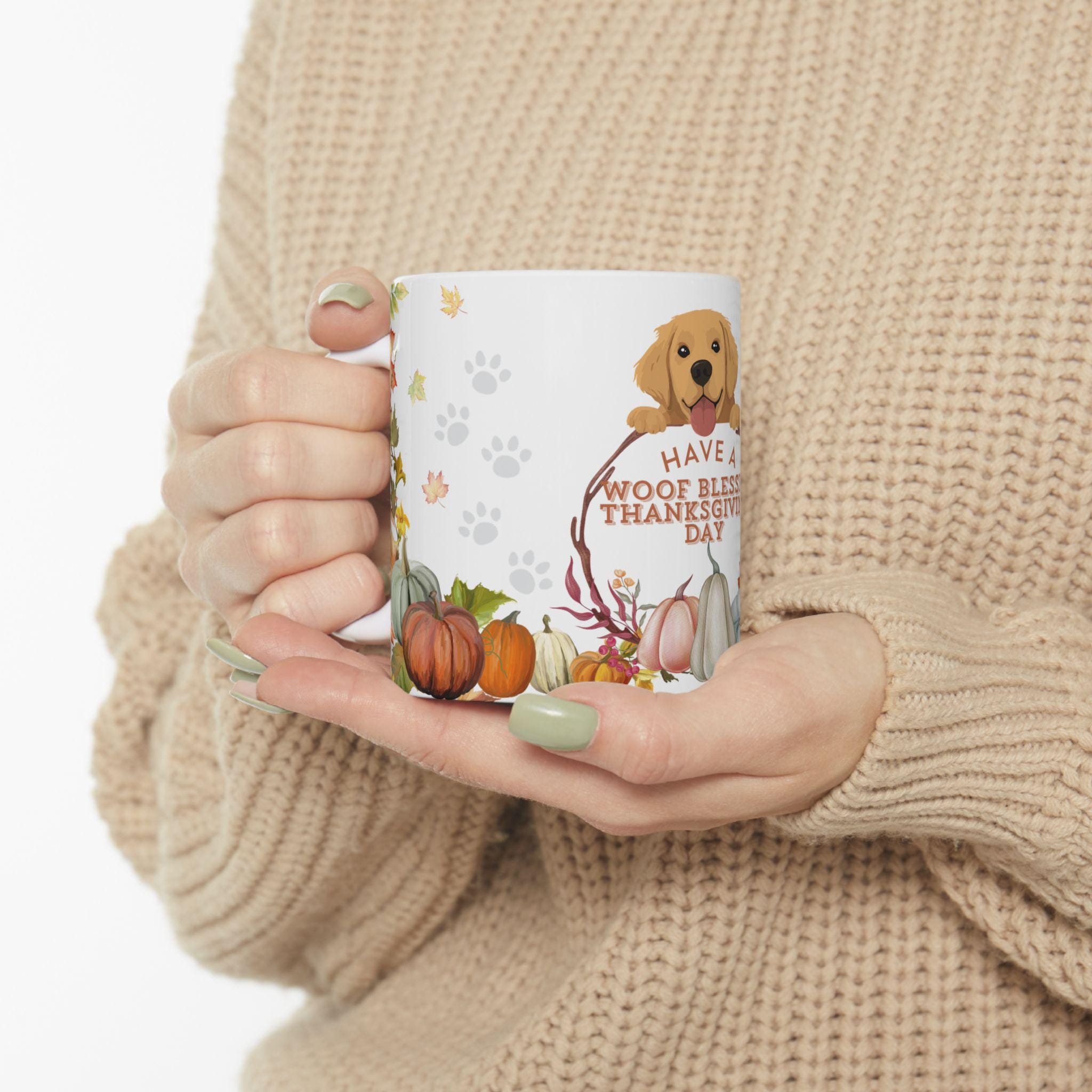 Thanksgiving Day Mug | Golden Retriever, Pumpkins, Fall Leaves. L