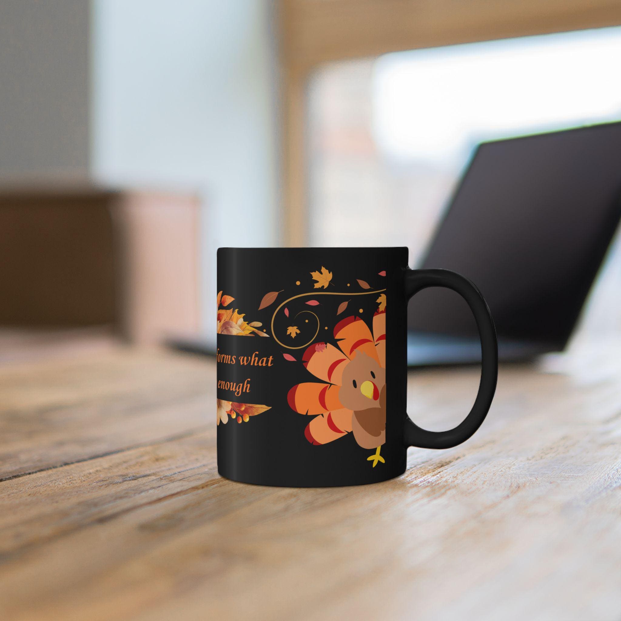 Black Thanksgiving Autumn Turkey Mug, Fall Turkey Coffee Cup, Autumn Leaf Ceramic Mug