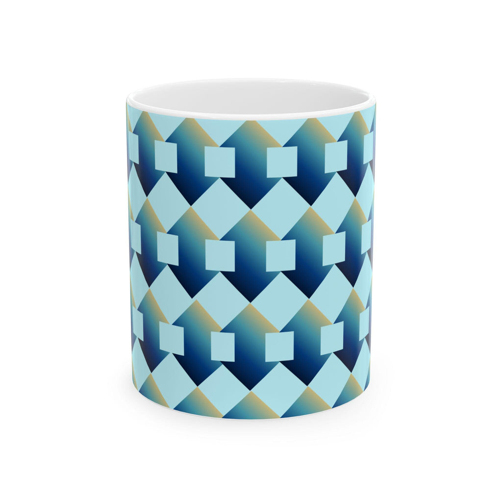 Geometric Blue Teal Ceramic Coffee Mug, Modern Abstract Drinkware (11 oz.)