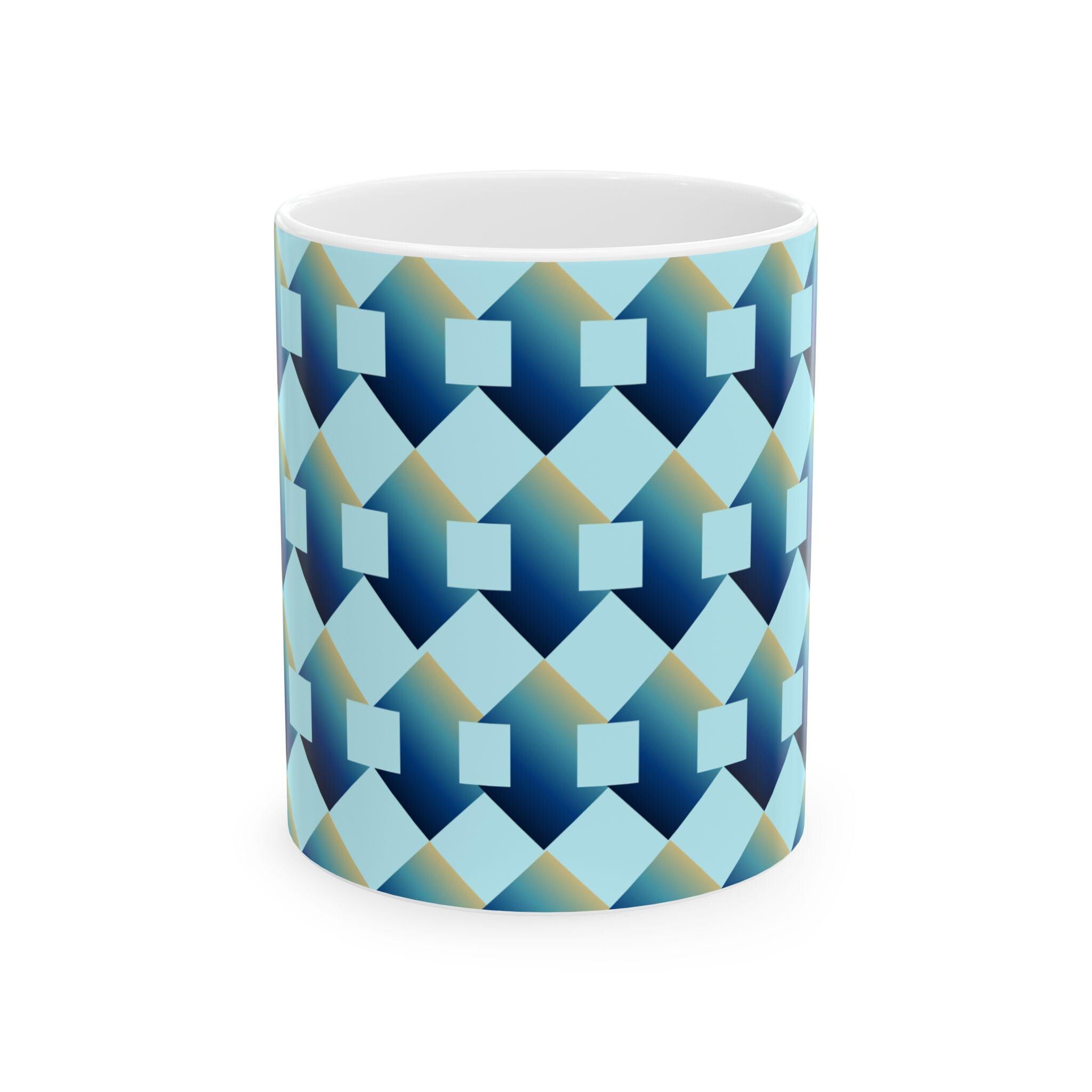 Geometric Blue Teal Ceramic Coffee Mug, Modern Abstract Drinkware (11 oz.)