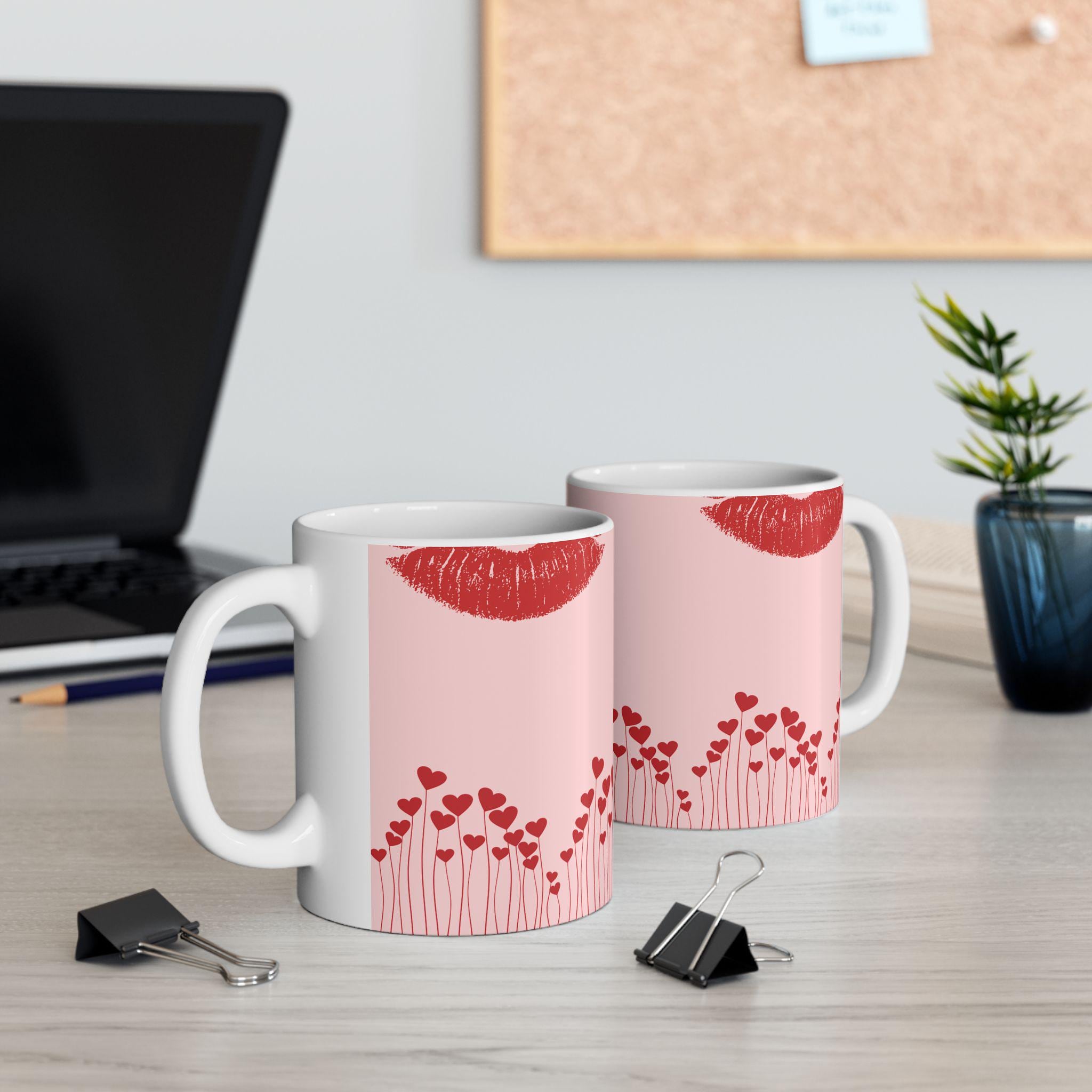 Lip Kiss Mug Romantic Pink Coffee Cup | Pink Valentine love pattern, 11oz or 15oz