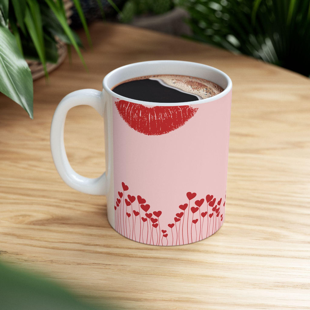 Lip Kiss Mug Romantic Pink Coffee Cup | Pink Valentine love pattern, 11oz or 15oz