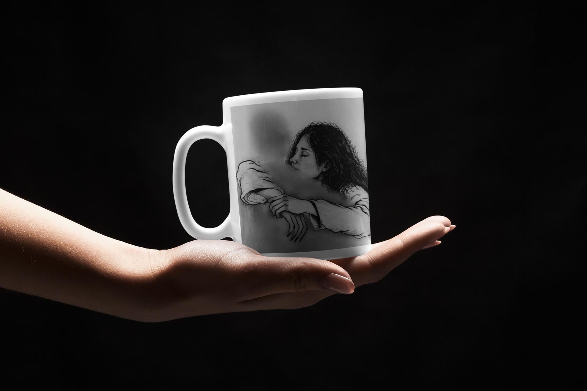 Overcoming grief | Embrace Illustration Ceramic Mug | Grayscale Hug Art Print
