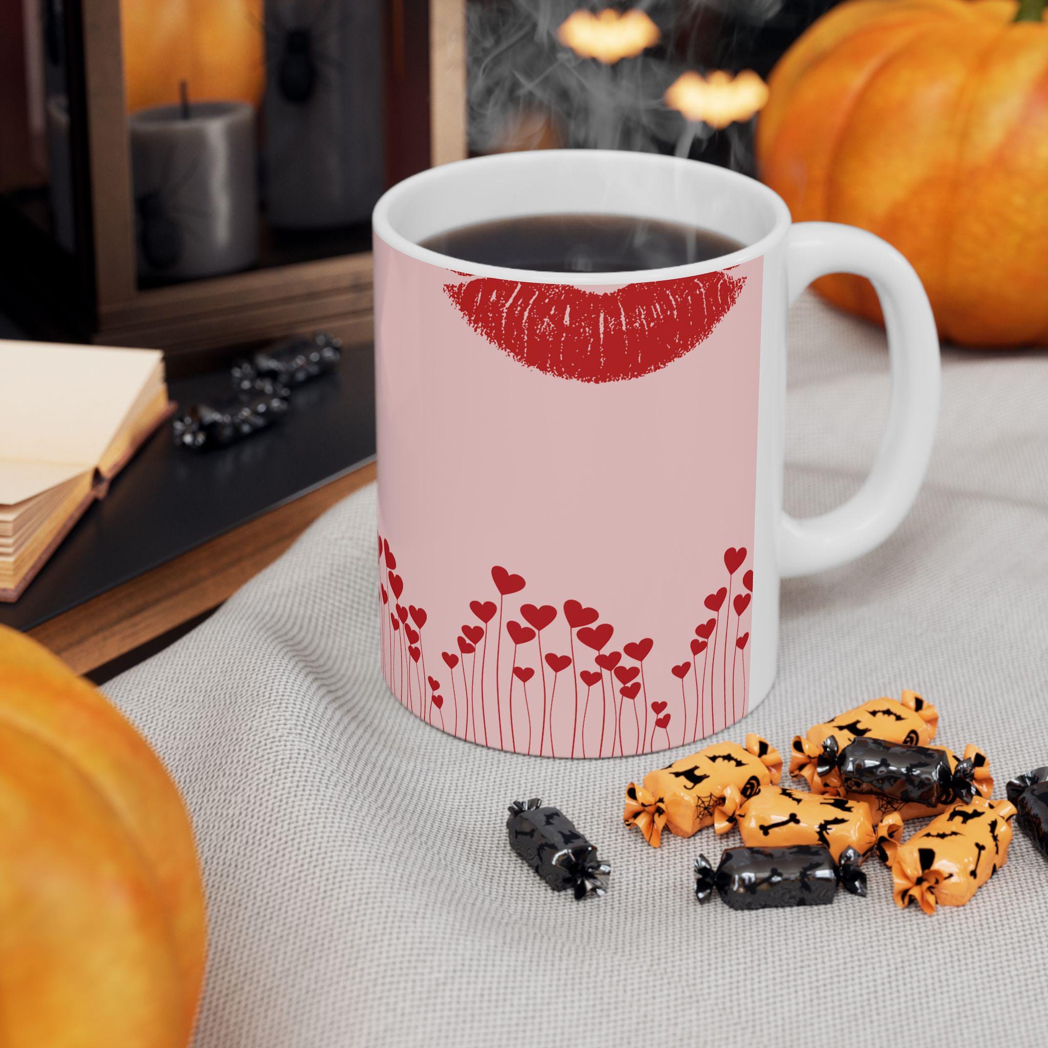 Lip Kiss Mug Romantic Pink Coffee Cup | Pink Valentine love pattern, 11oz or 15oz