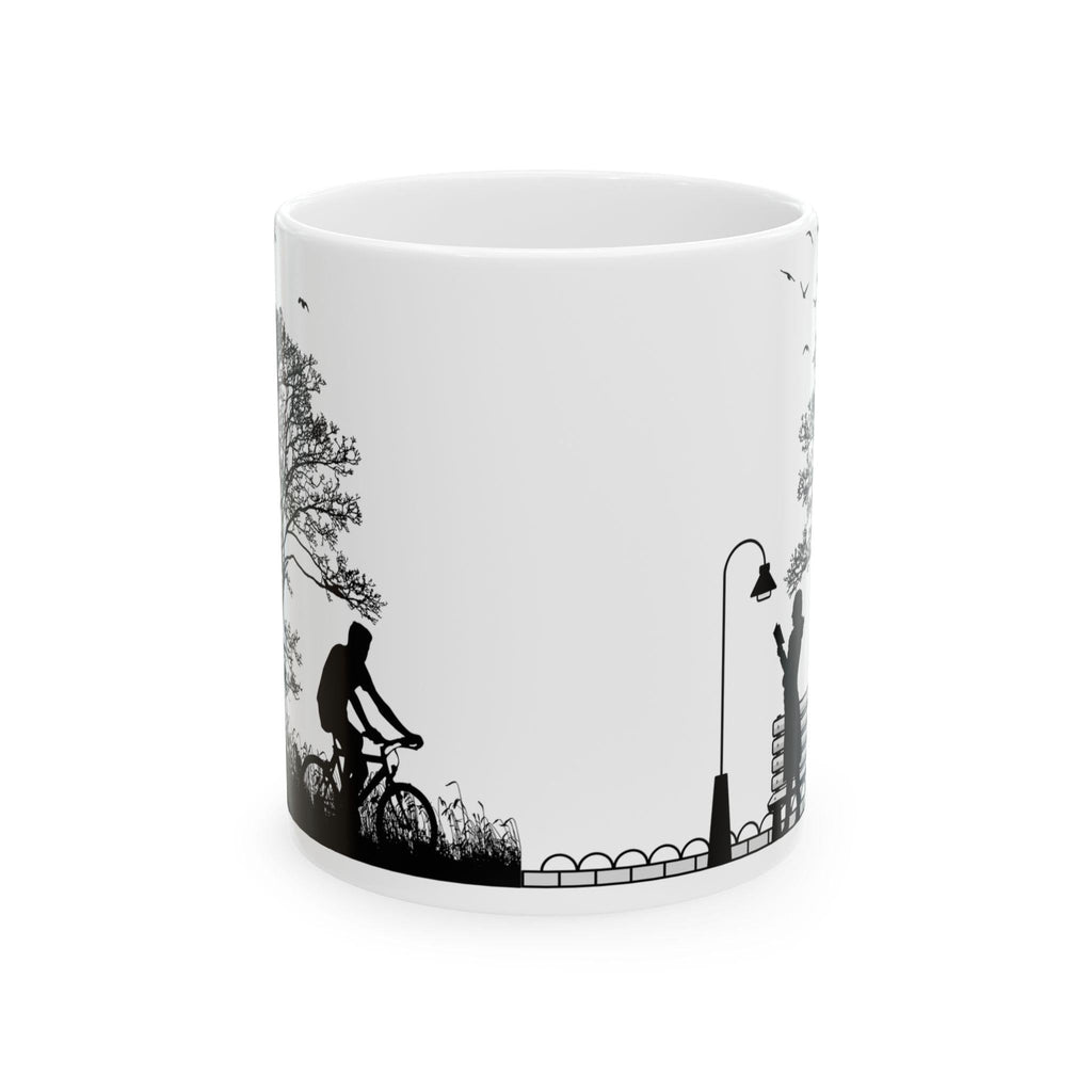 Minimalist Park Scene Mug, Black and White Cycling, Walking Silhouette Coffee Cup