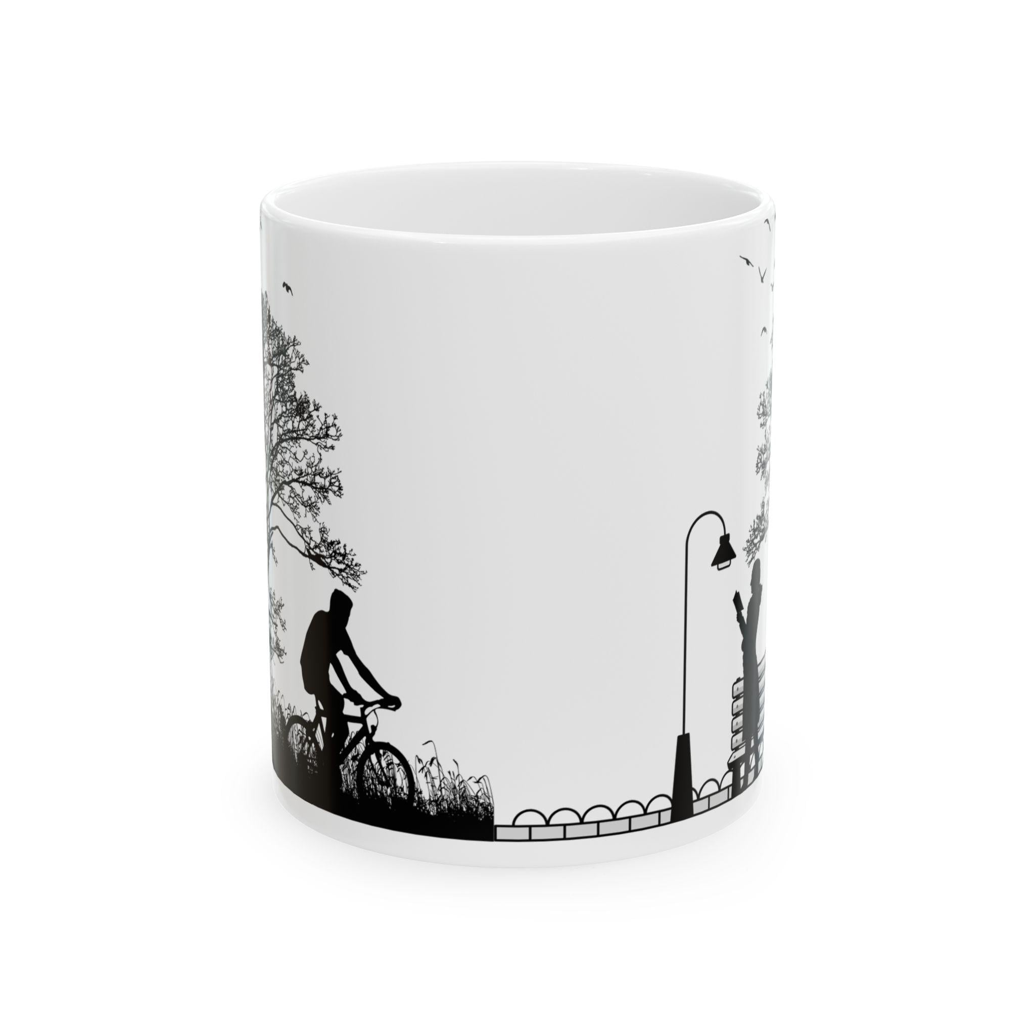 Minimalist Park Scene Mug, Black and White Cycling, Walking Silhouette Coffee Cup