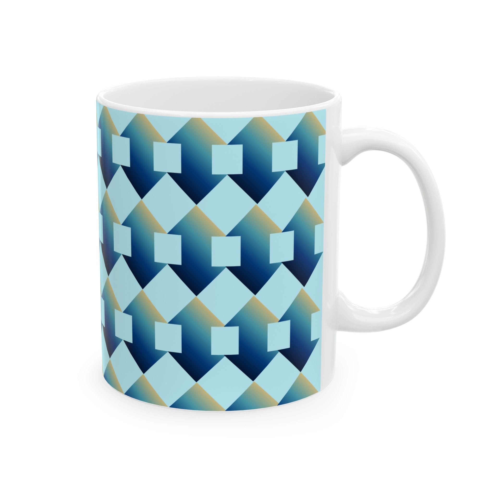 Geometric Blue Teal Ceramic Coffee Mug, Modern Abstract Drinkware (11 oz.)