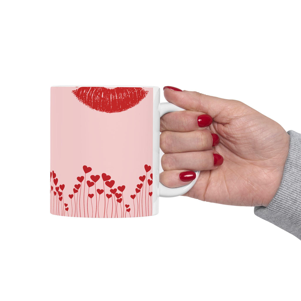 Lip Kiss Mug Romantic Pink Coffee Cup | Pink Valentine love pattern, 11oz or 15oz