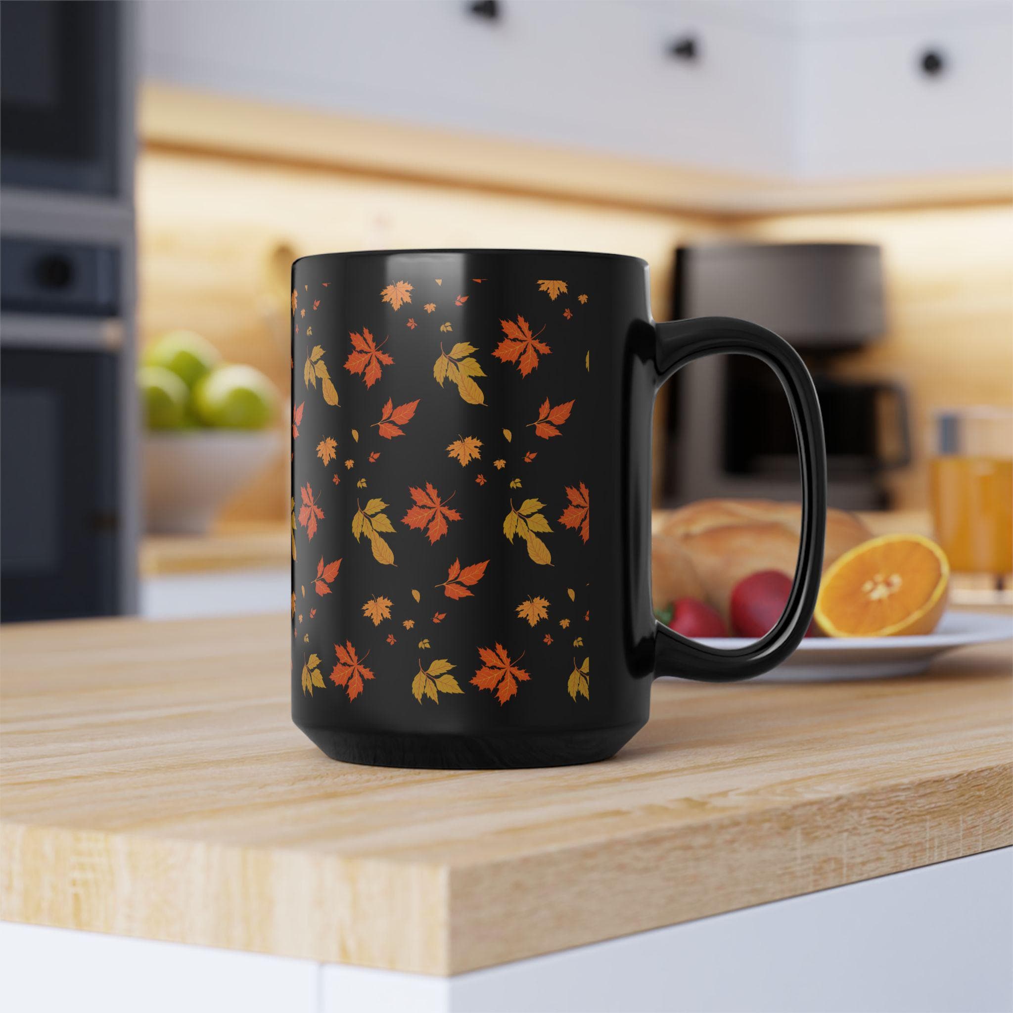 Autumn Leaf Black Mug | Cozy Botanical Fall Coffee Cup (11oz, 15oz)