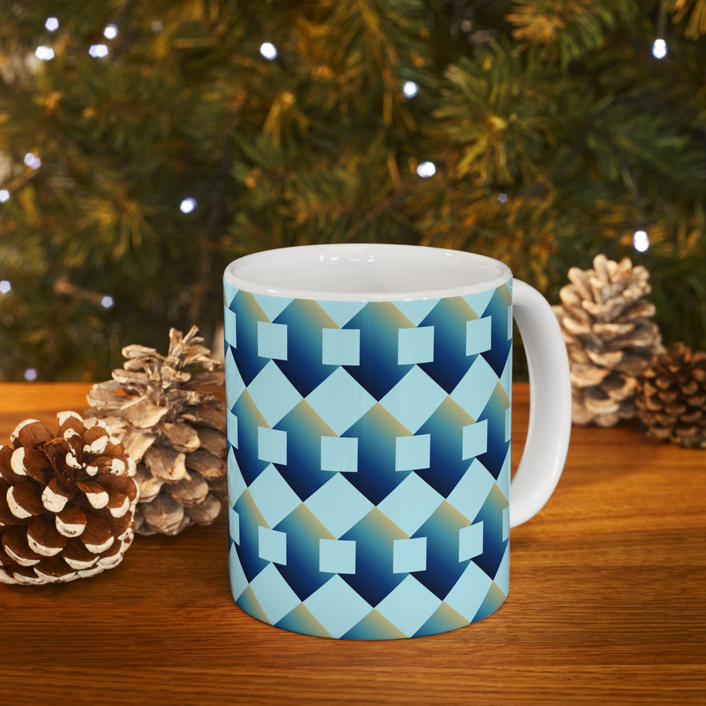 Geometric Blue Teal Ceramic Coffee Mug, Modern Abstract Drinkware (11 oz.)