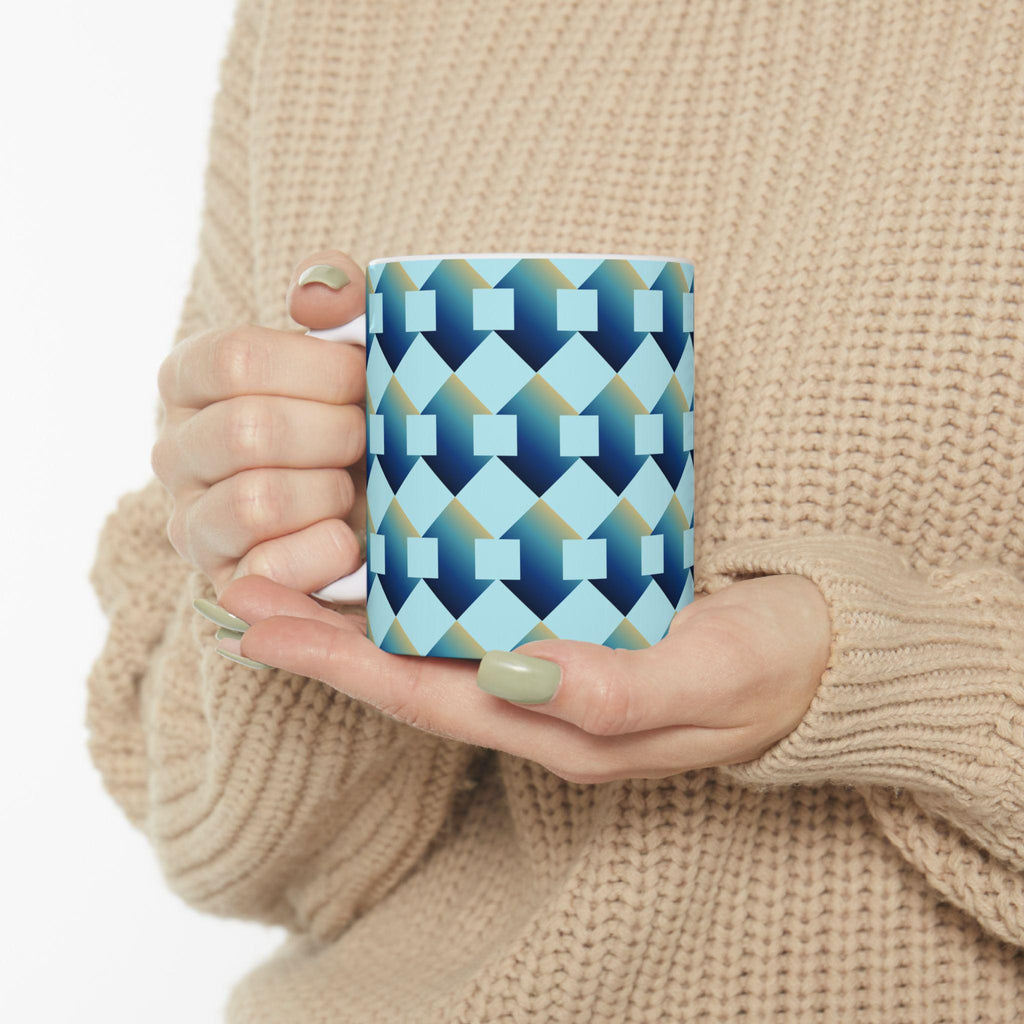 Geometric Blue Teal Ceramic Coffee Mug, Modern Abstract Drinkware (11 oz.)