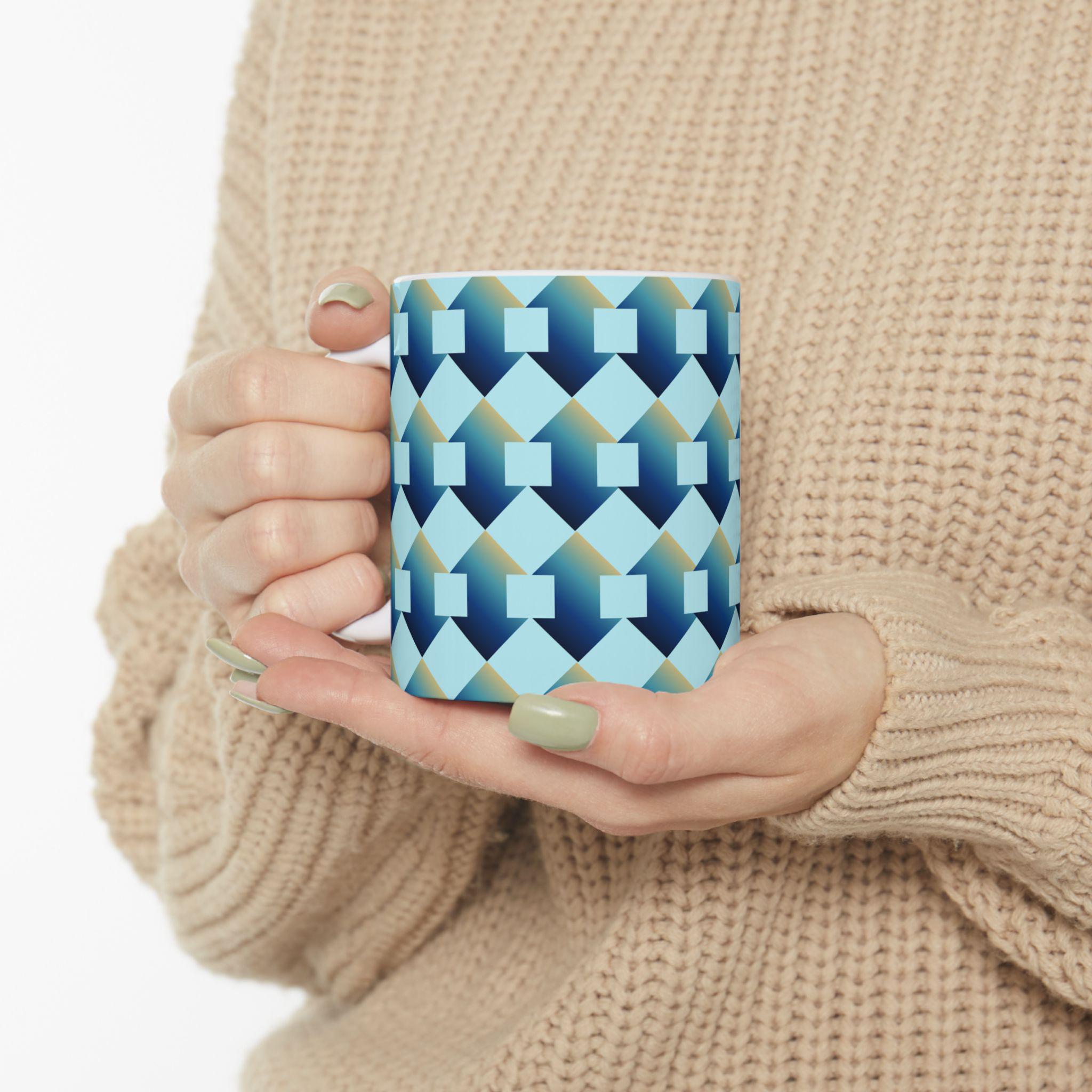 Geometric Blue Teal Ceramic Coffee Mug, Modern Abstract Drinkware (11 oz.)