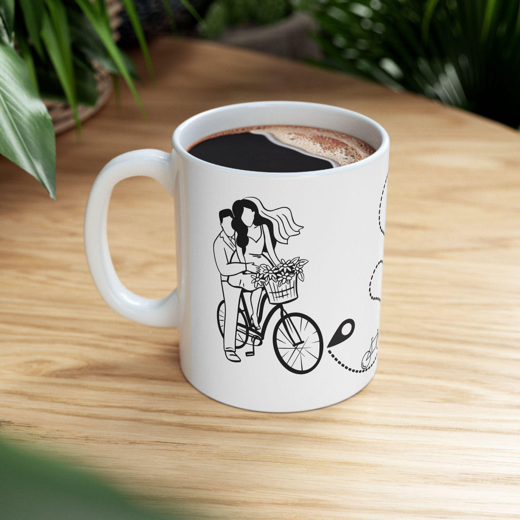 Bachelorette party Couple Riding Bicycle Ceramic Mug, Minimalist Line Art Coffee Cup