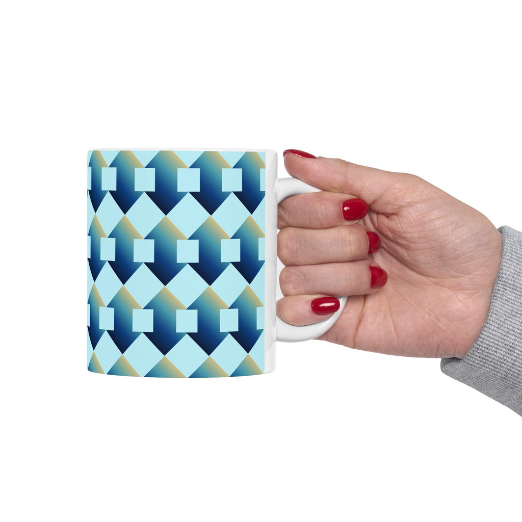 Geometric Blue Teal Ceramic Coffee Mug, Modern Abstract Drinkware (11 oz.)
