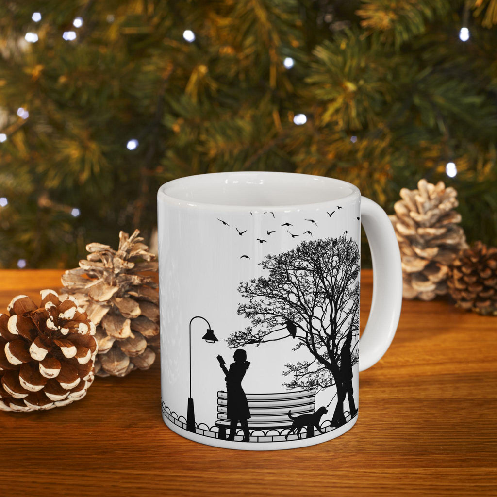 Minimalist Park Scene Mug, Black and White Cycling, Walking Silhouette Coffee Cup