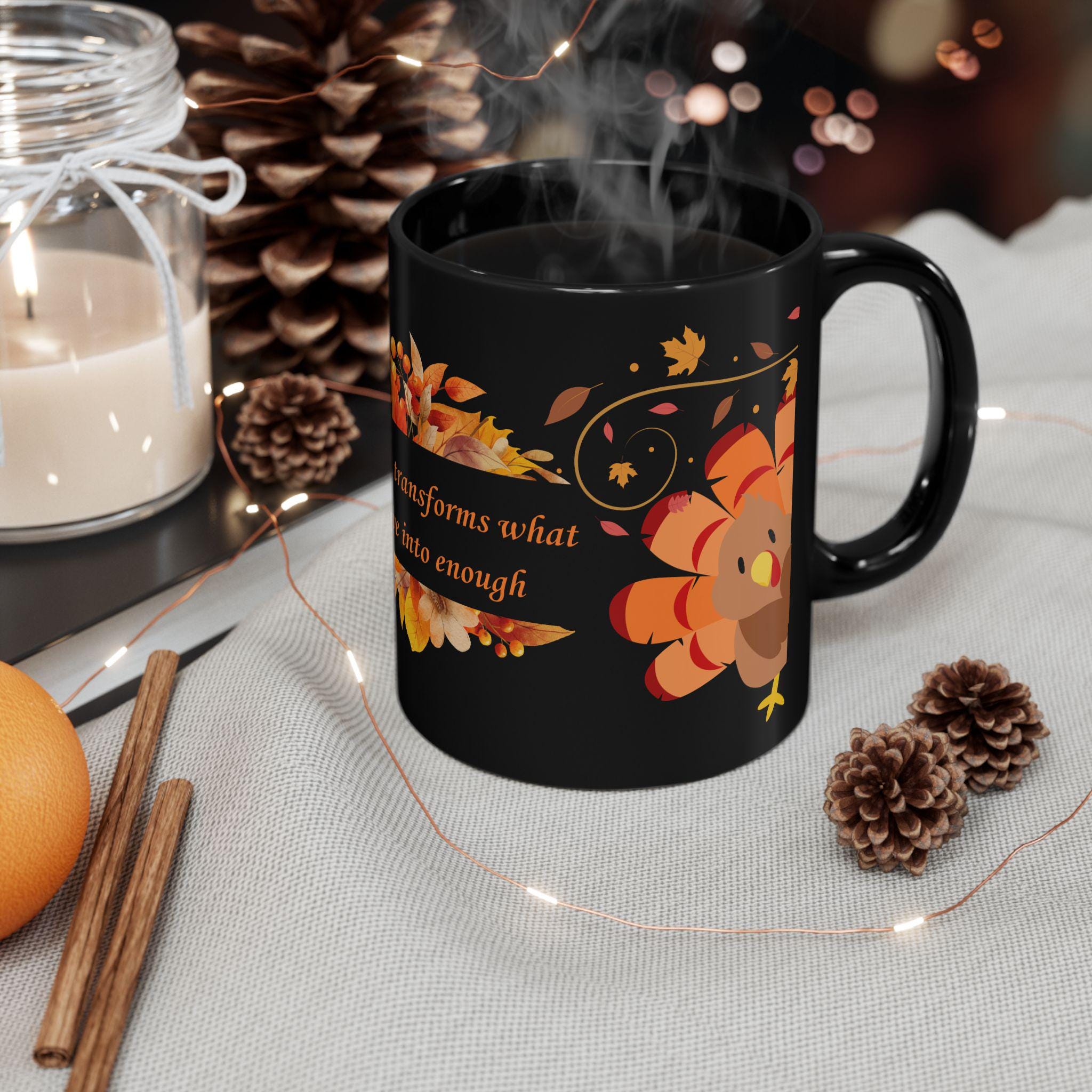 Black Thanksgiving Autumn Turkey Mug, Fall Turkey Coffee Cup, Autumn Leaf Ceramic Mug