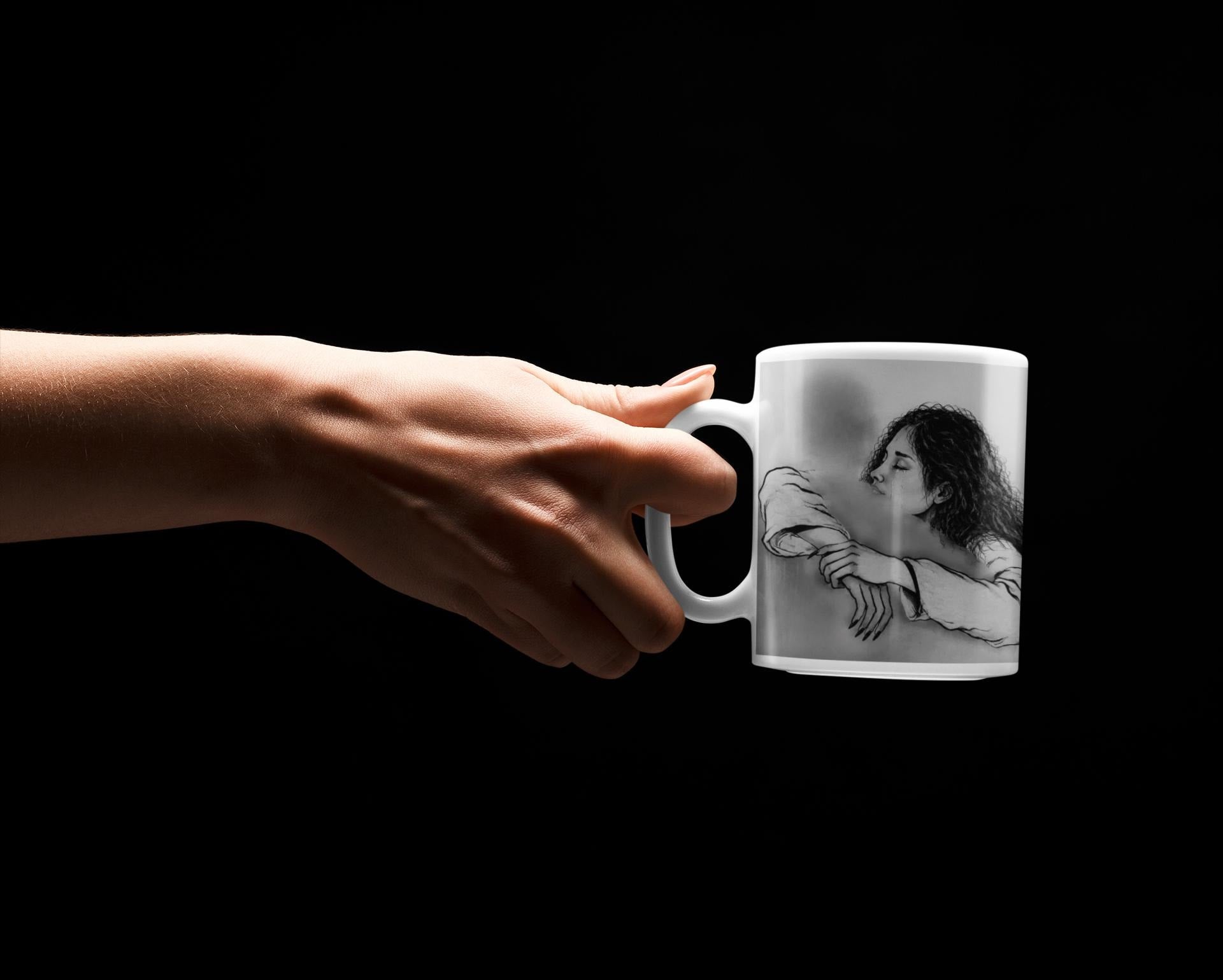 Overcoming grief | Embrace Illustration Ceramic Mug | Grayscale Hug Art Print