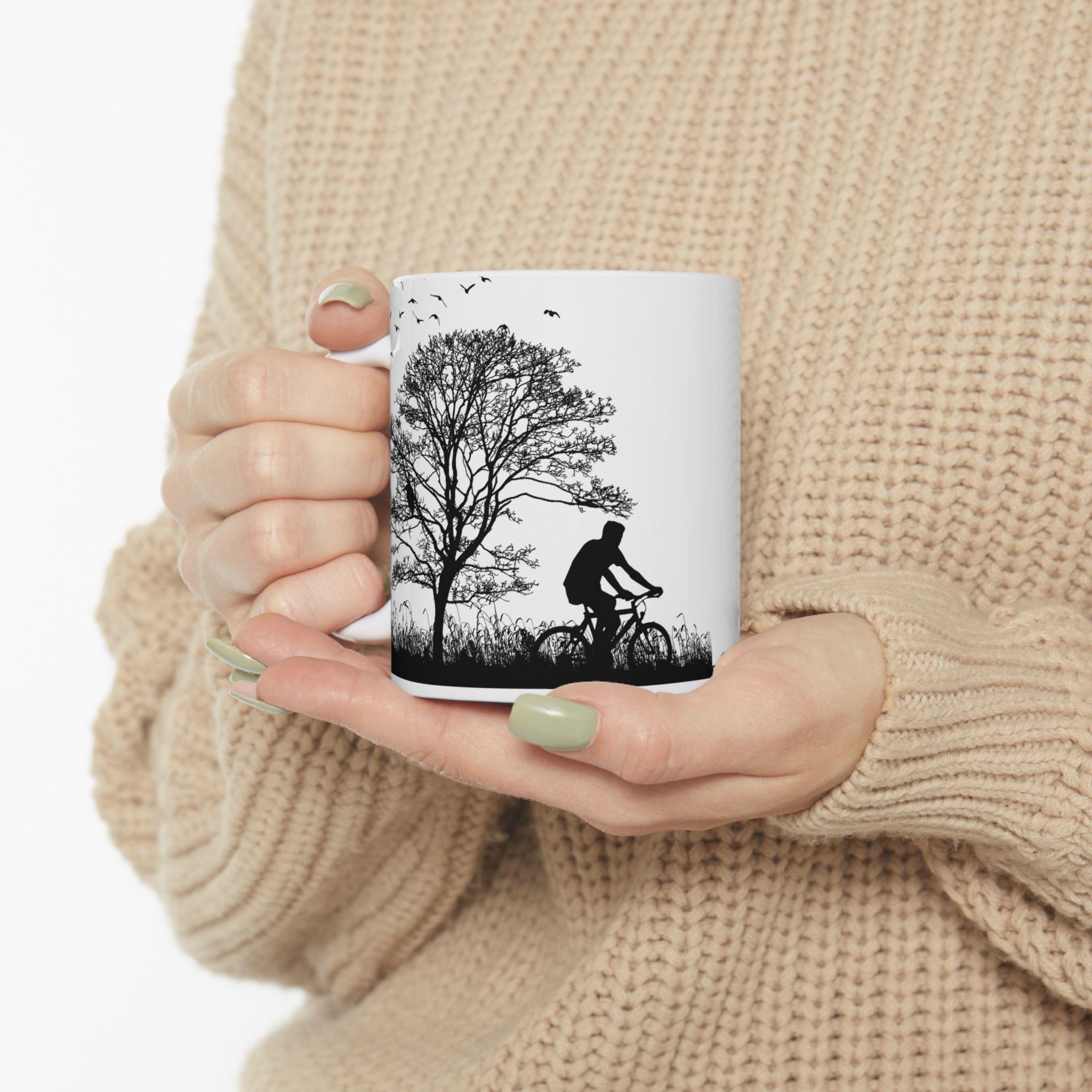 Minimalist Park Scene Mug, Black and White Cycling, Walking Silhouette Coffee Cup