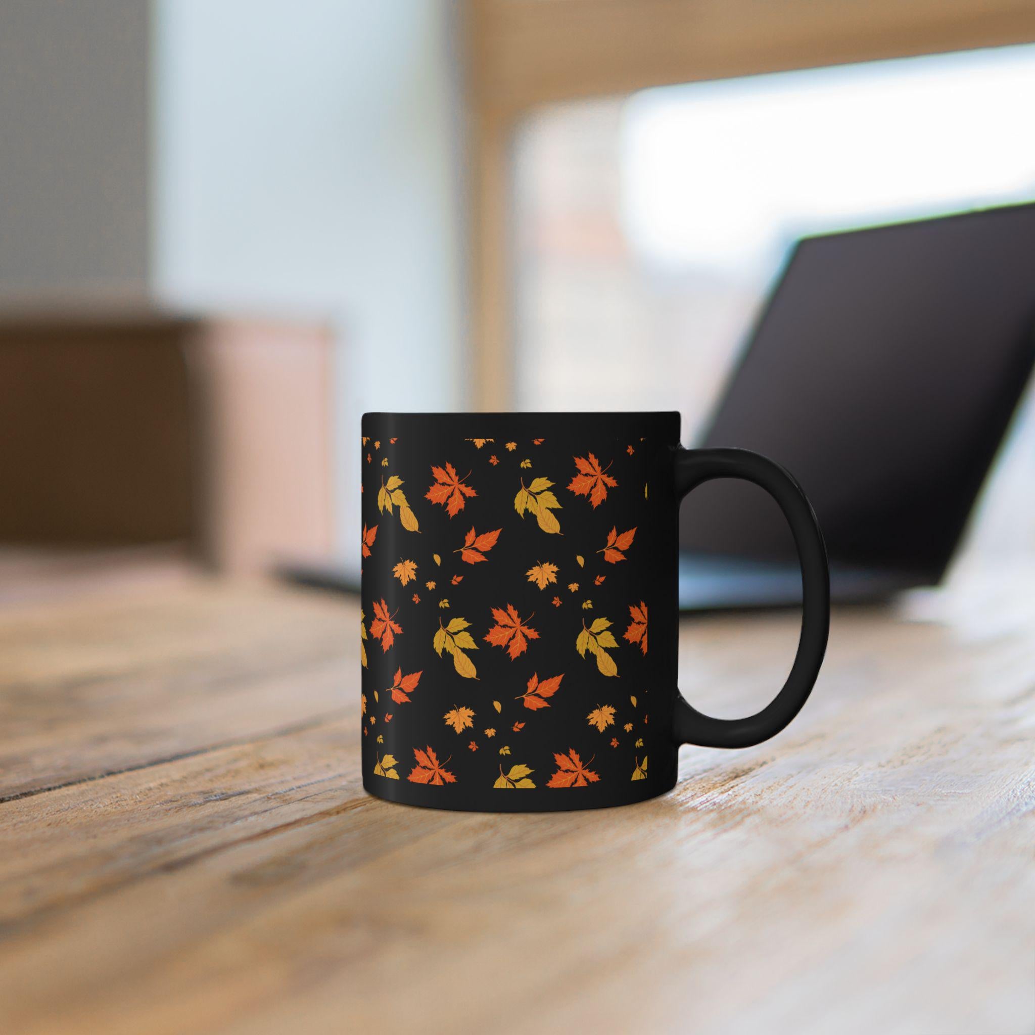 Autumn Leaf Black Mug | Cozy Botanical Fall Coffee Cup (11oz, 15oz)
