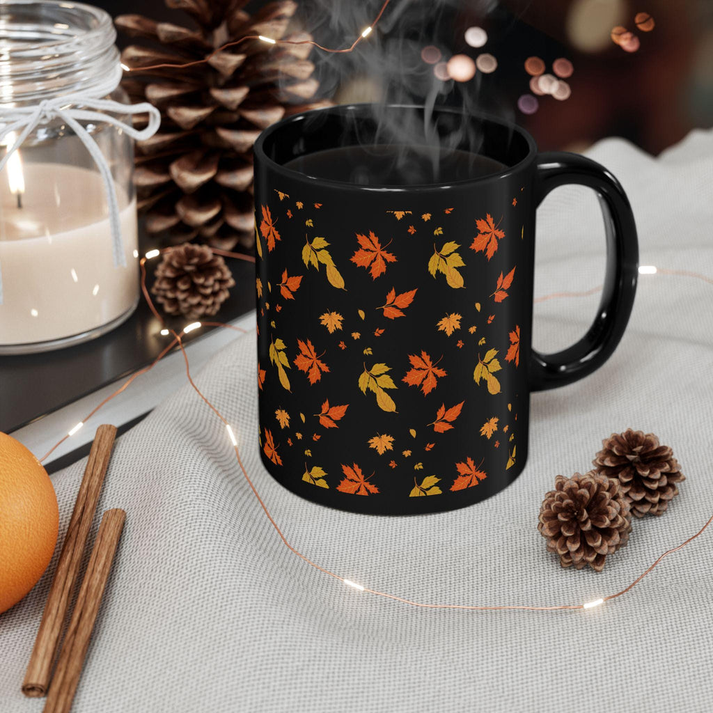 Autumn Leaf Black Mug | Cozy Botanical Fall Coffee Cup (11oz, 15oz)