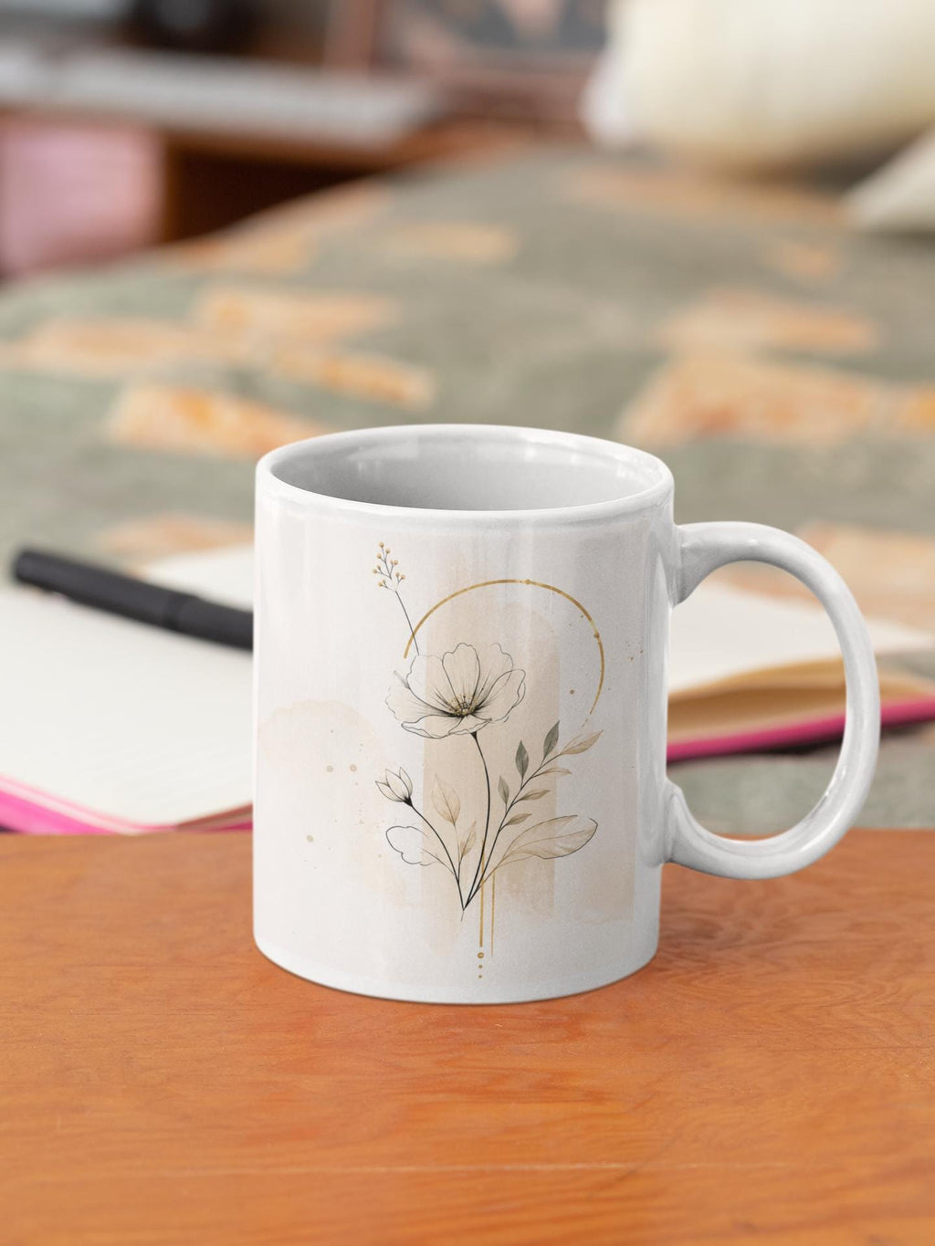 Minimalist Botanical Flower Mug | Ceramic Coffee Cup | Warm Tones, Organic Vibe