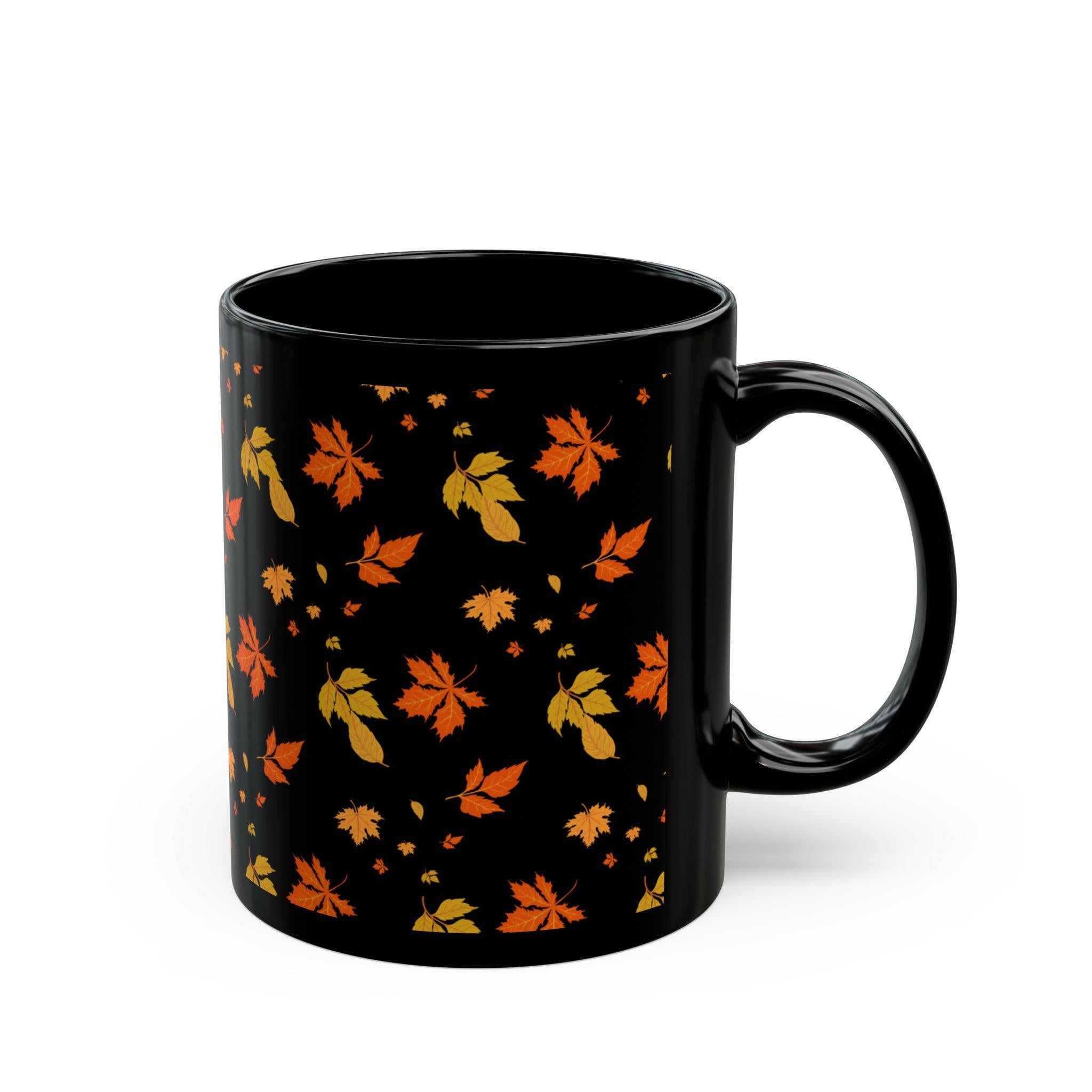 Autumn Leaf Black Mug | Cozy Botanical Fall Coffee Cup (11oz, 15oz)