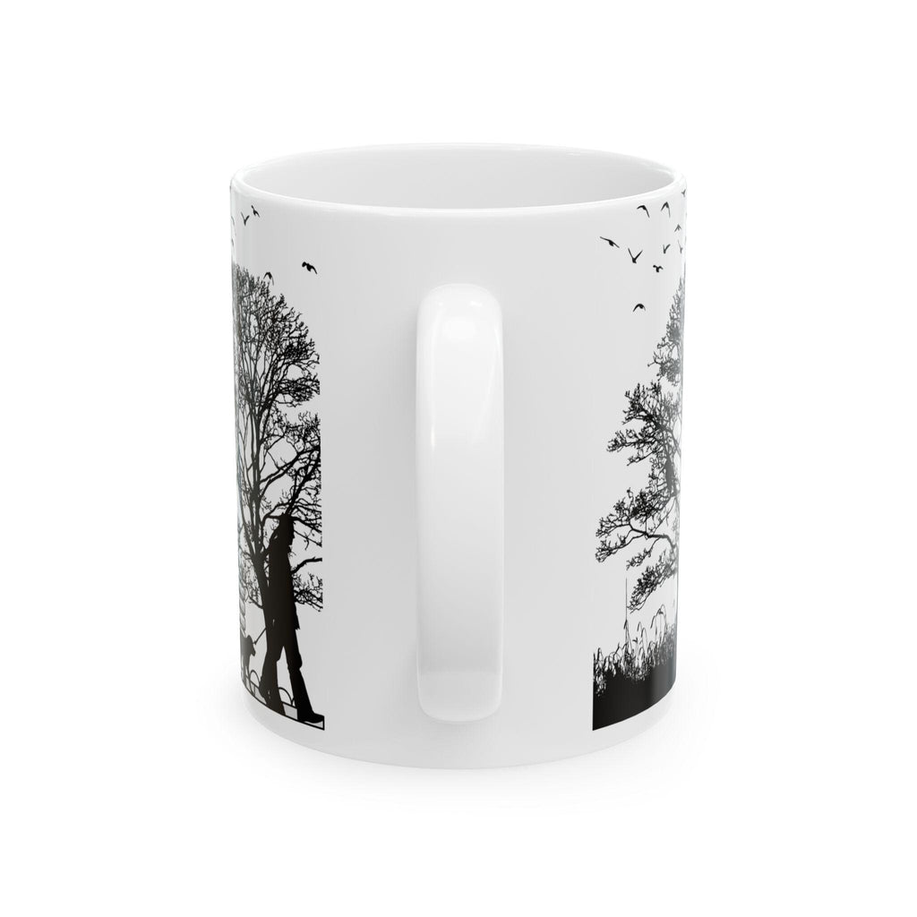 Minimalist Park Scene Mug, Black and White Cycling, Walking Silhouette Coffee Cup