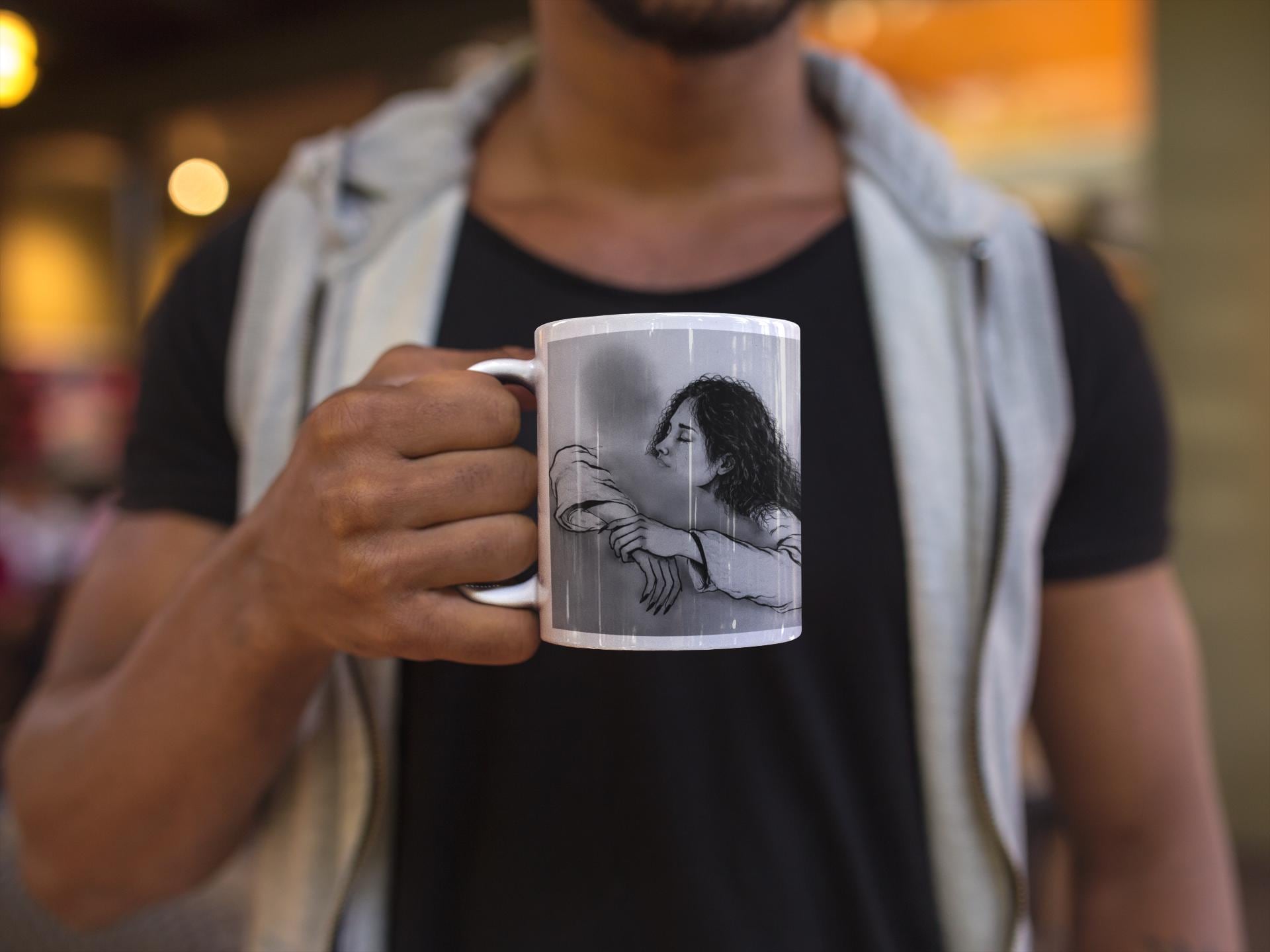 Overcoming grief | Embrace Illustration Ceramic Mug | Grayscale Hug Art Print
