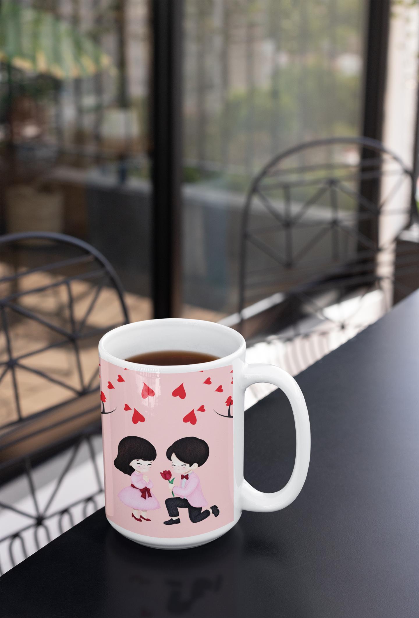 Romantic Proposal Scene Ceramic Mug | Valentine Hearts Coffee Cup