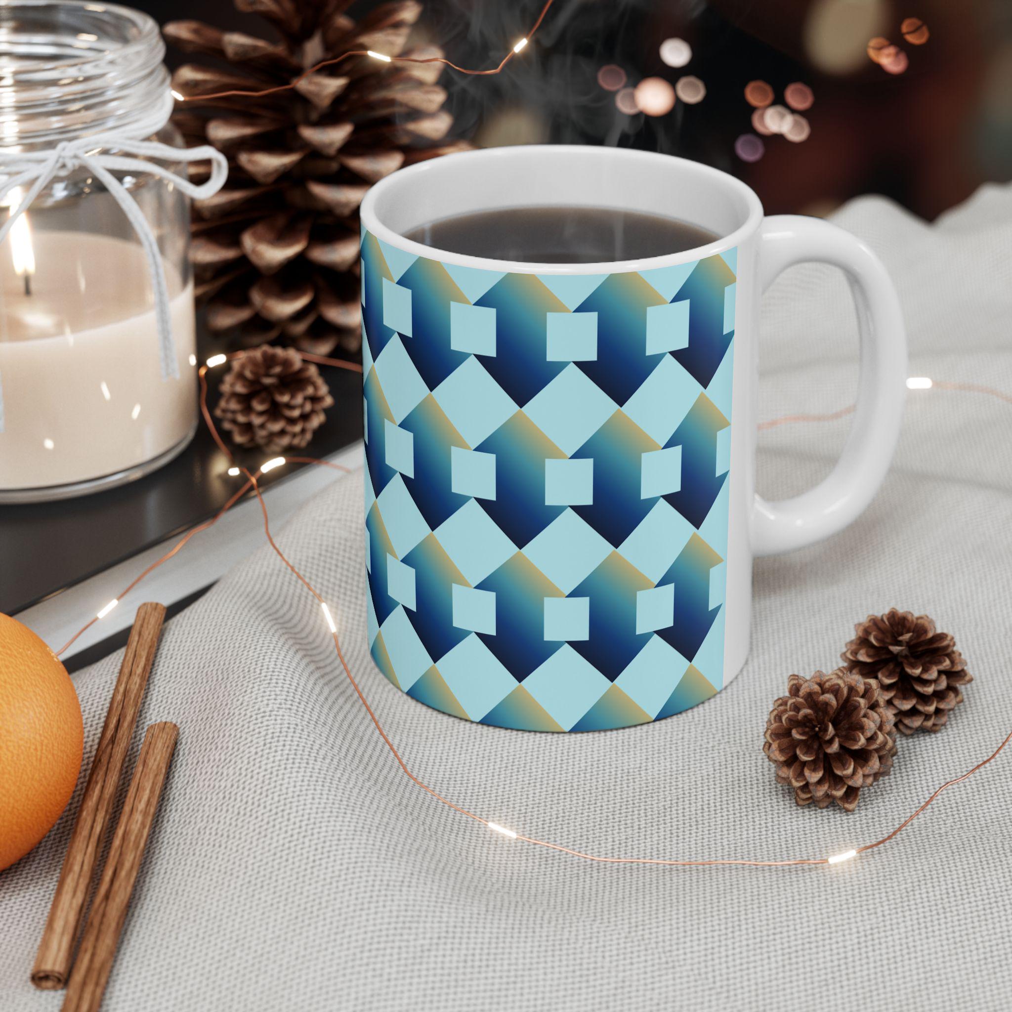 Geometric Blue Teal Ceramic Coffee Mug, Modern Abstract Drinkware (11 oz.)