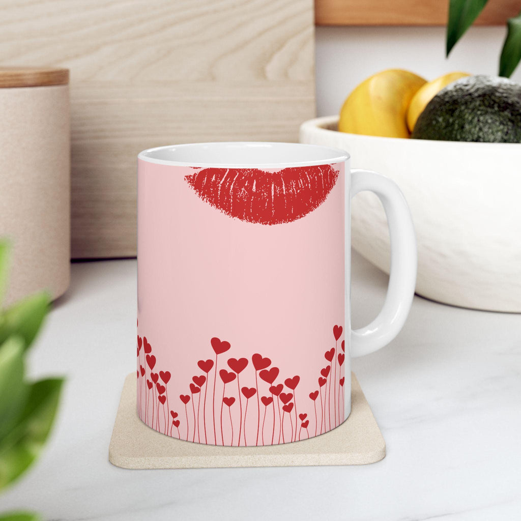 Lip Kiss Mug Romantic Pink Coffee Cup | Pink Valentine love pattern, 11oz or 15oz