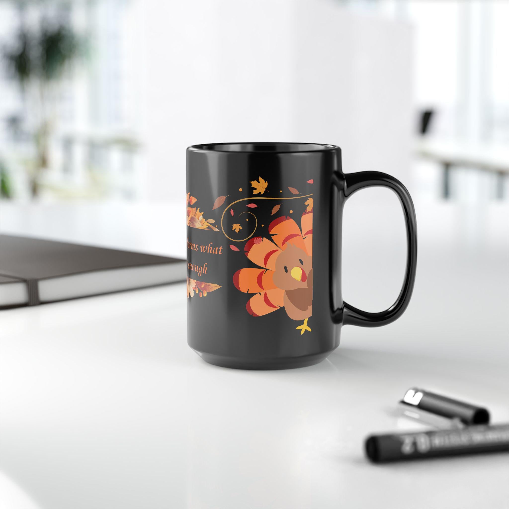 Black Thanksgiving Autumn Turkey Mug, Fall Turkey Coffee Cup, Autumn Leaf Ceramic Mug