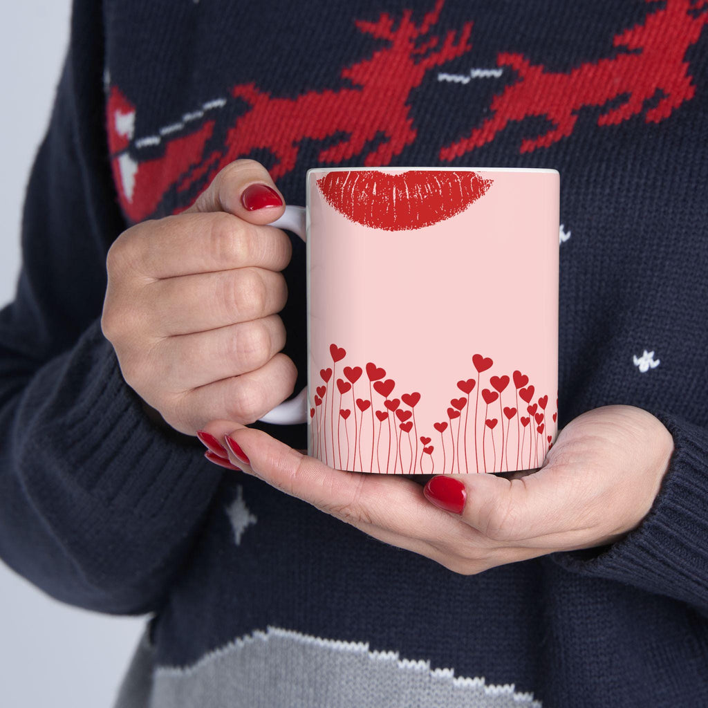 Lip Kiss Mug Romantic Pink Coffee Cup | Pink Valentine love pattern, 11oz or 15oz