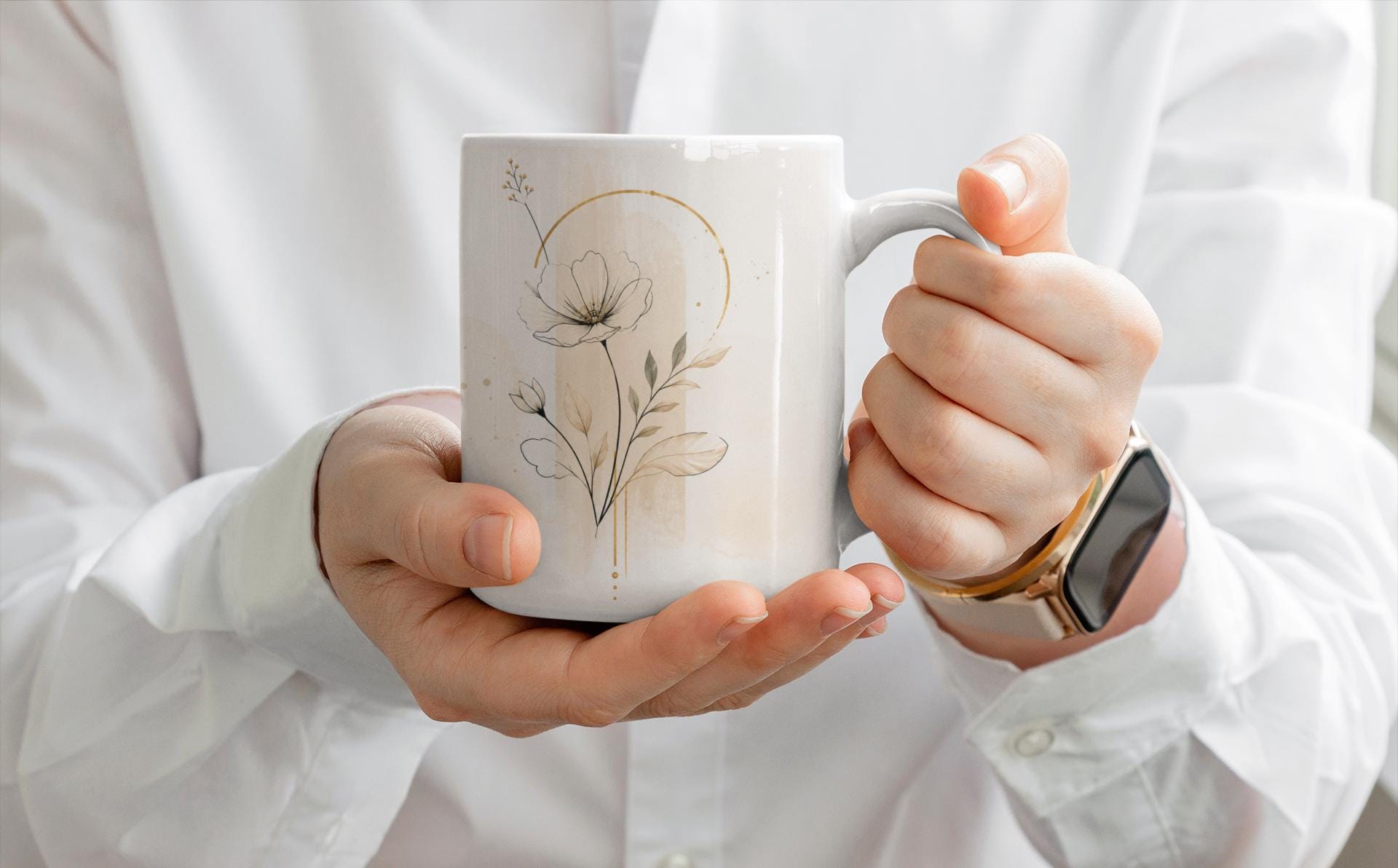 Minimalist Botanical Flower Mug | Ceramic Coffee Cup | Warm Tones, Organic Vibe