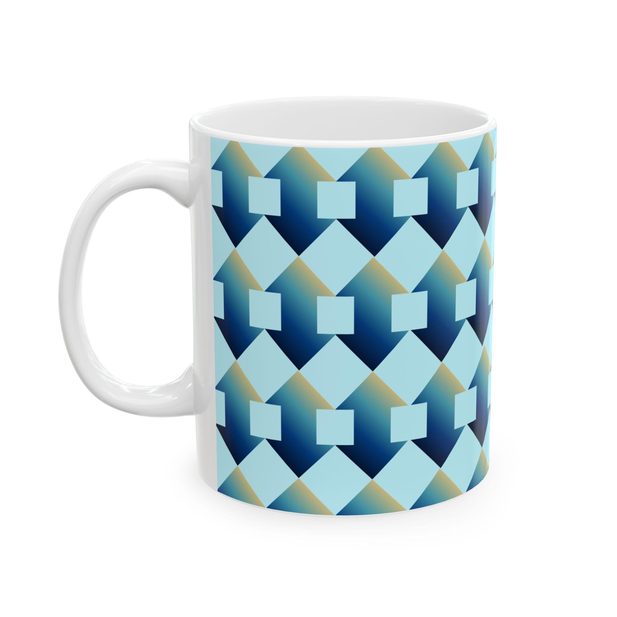 Geometric Blue Teal Ceramic Coffee Mug, Modern Abstract Drinkware (11 oz.)